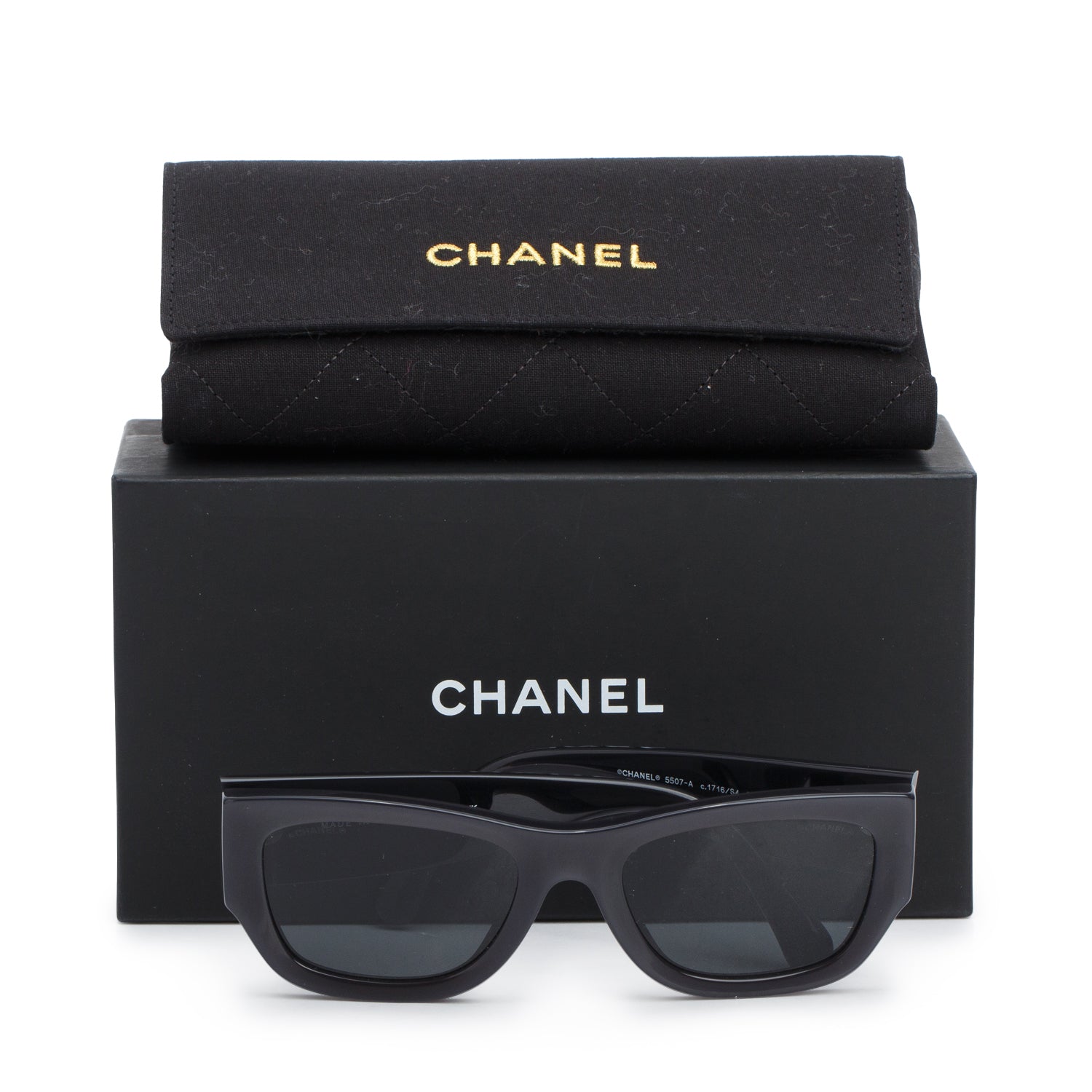 Chanel 5507-A Black Acetate Rectangle Polarized Sunglasses w/ Box
