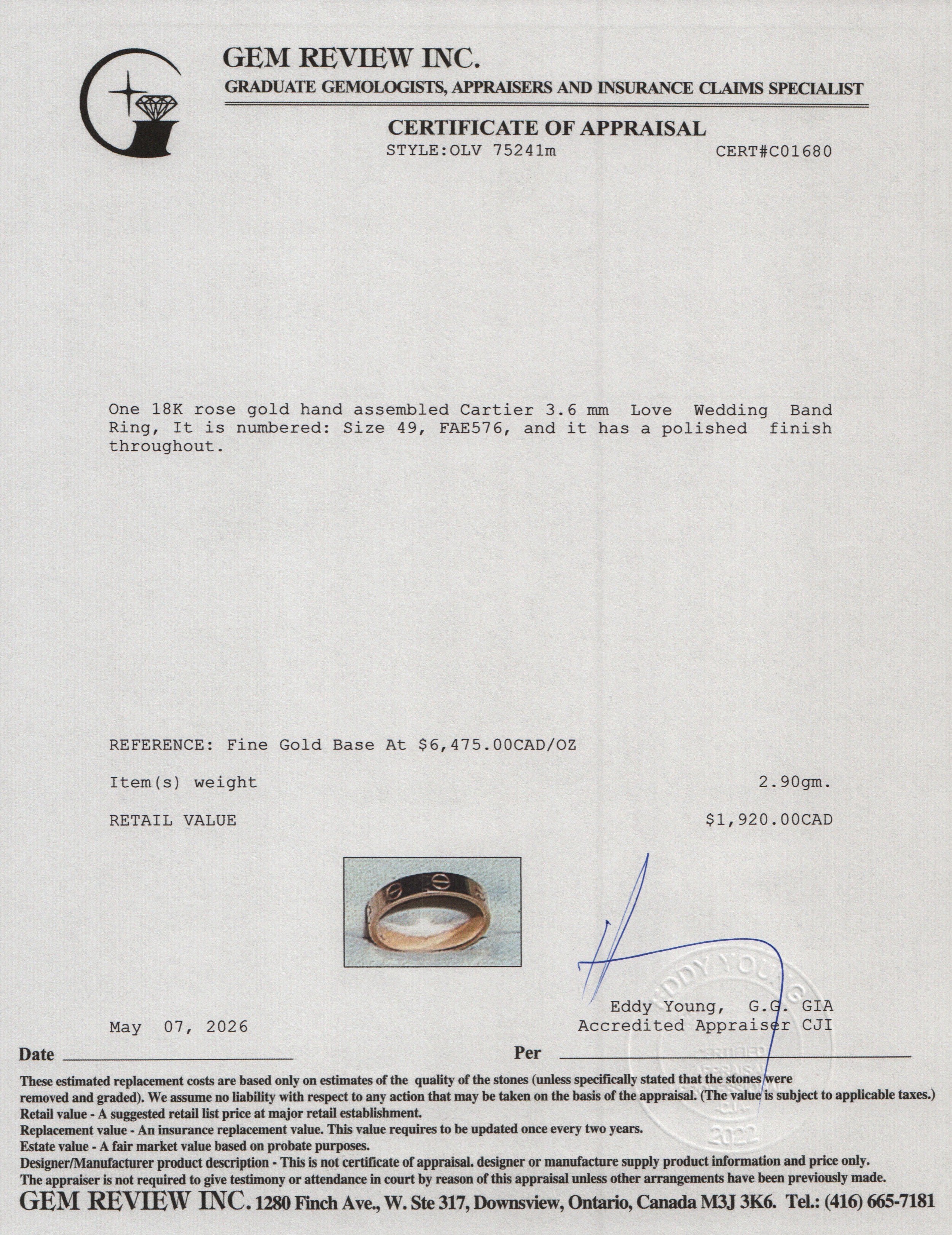 Cartier 18k Rose Gold 3.6 mm Love Wedding Band Ring, Size 49 4.75