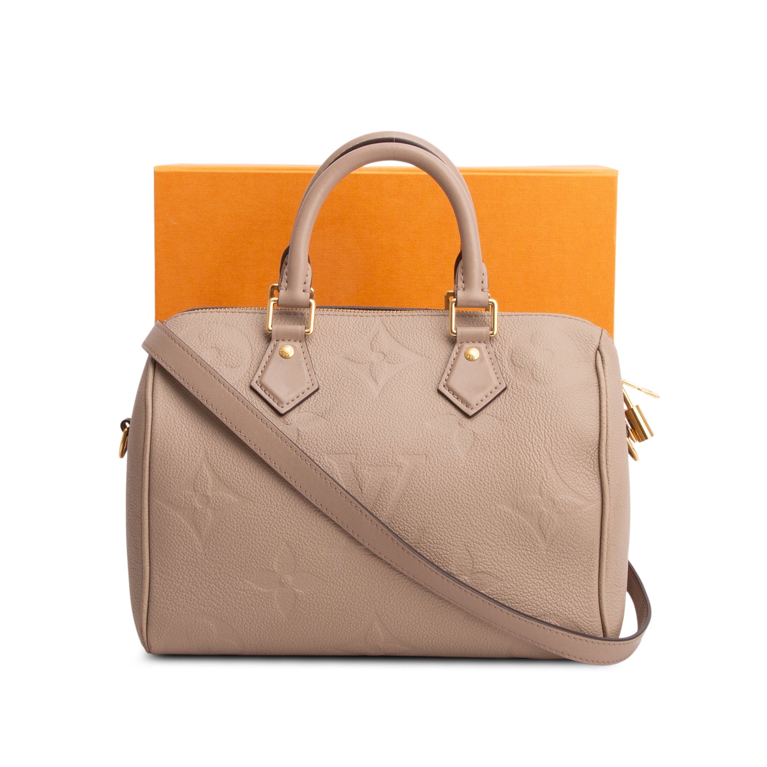 Louis Vuitton Turtledove Monogram Empreinte Leather Speedy Bandouliere 25 w/ Strap, Box & Receipt