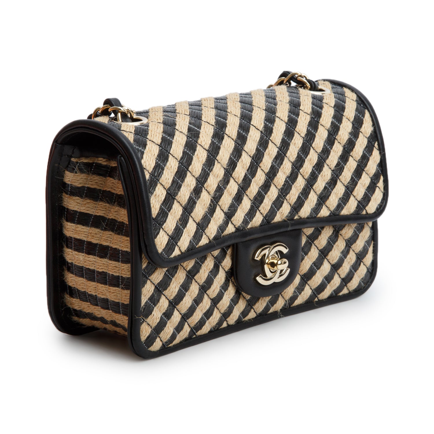 Chanel Neutral Black Quilted Urban Jungle Raffia Mini Rectangular Flap Bag w/ Box