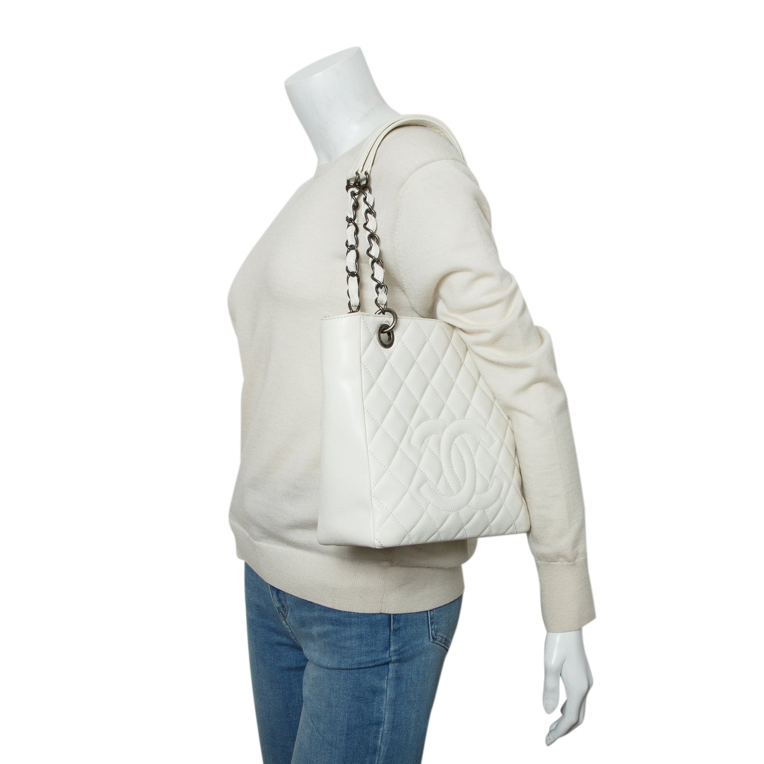 Chanel White Caviar Quilted Petite Shopping Tote PST