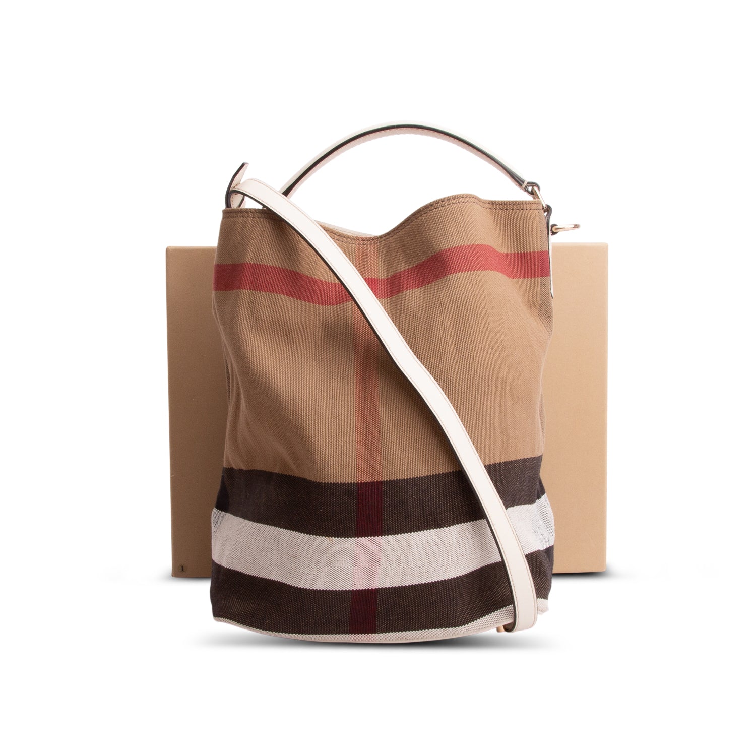 Burberry Mega Check White Laather Trim Medium Ashby Hobo Bag w/ Box, Strap & Pouch