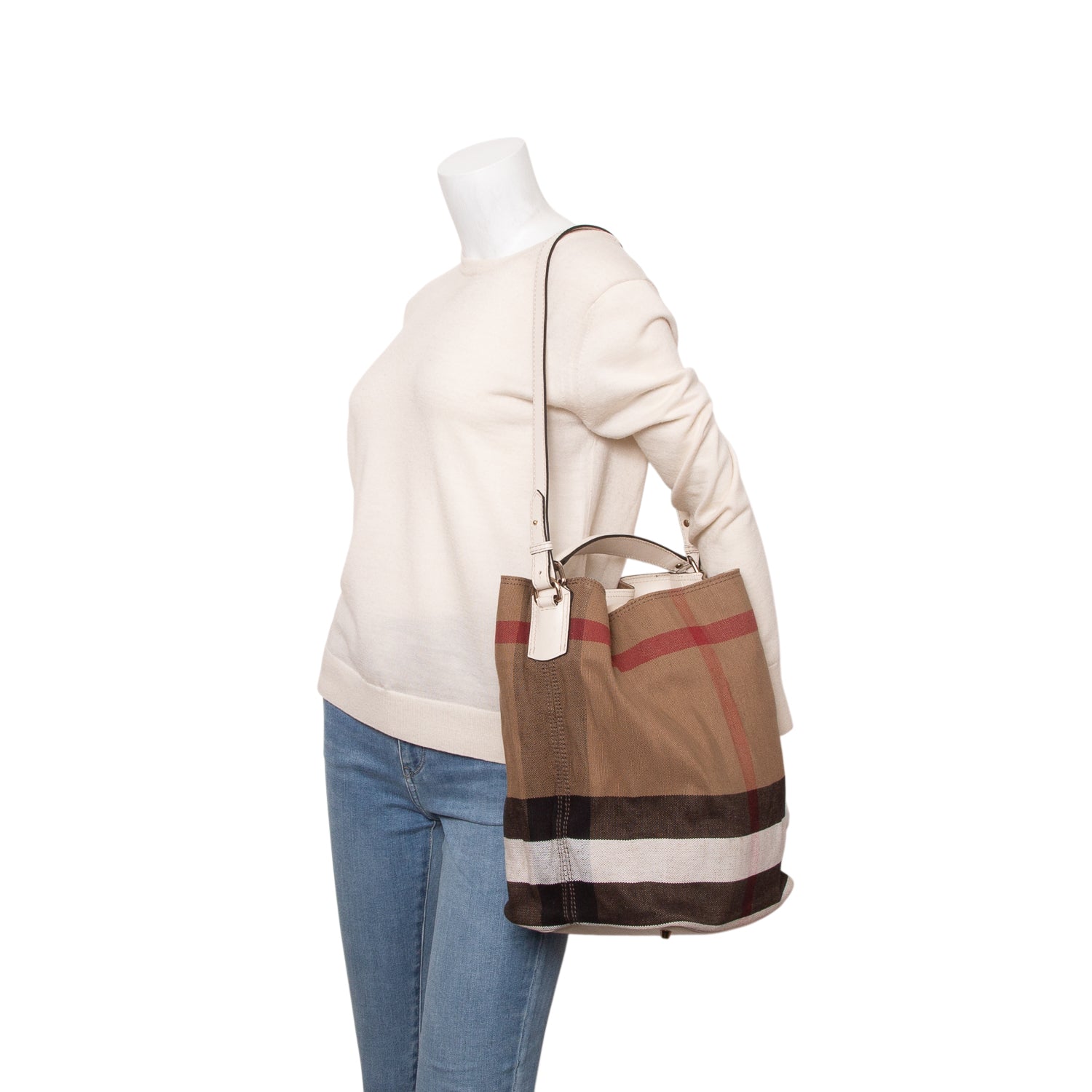 Burberry Mega Check White Laather Trim Medium Ashby Hobo Bag w/ Box, Strap & Pouch