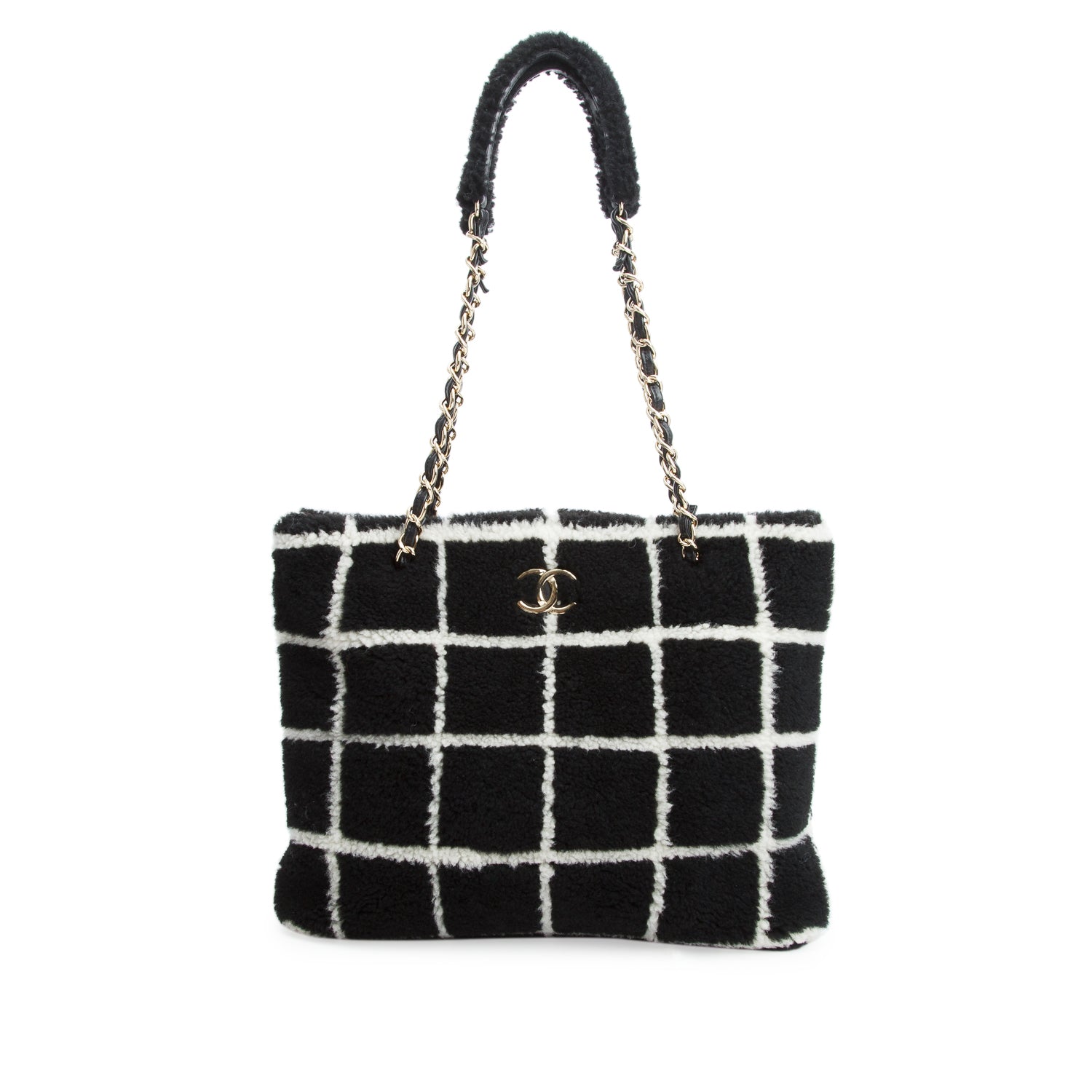 Chanel Black And White Grid Shearling CC Tote