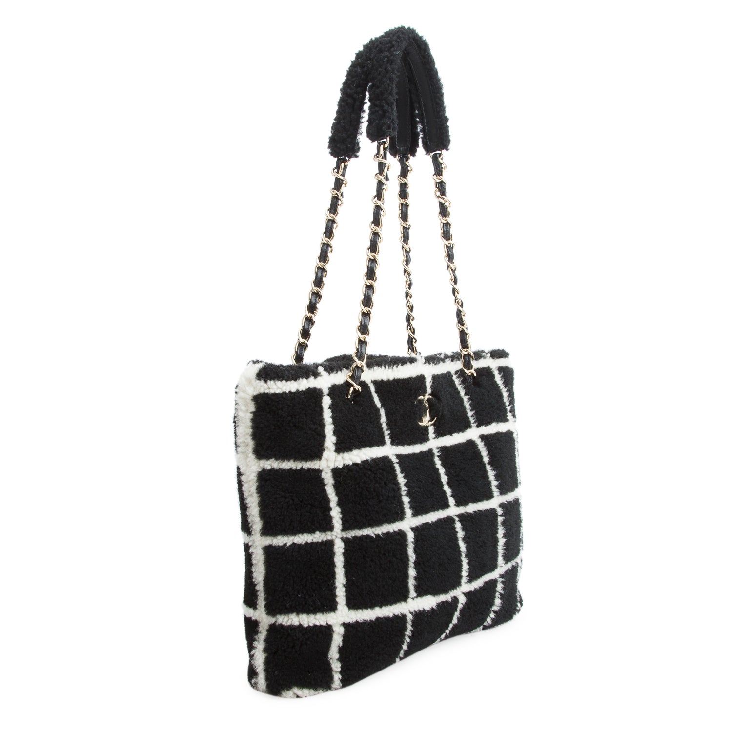 Chanel Black And White Grid Shearling CC Tote