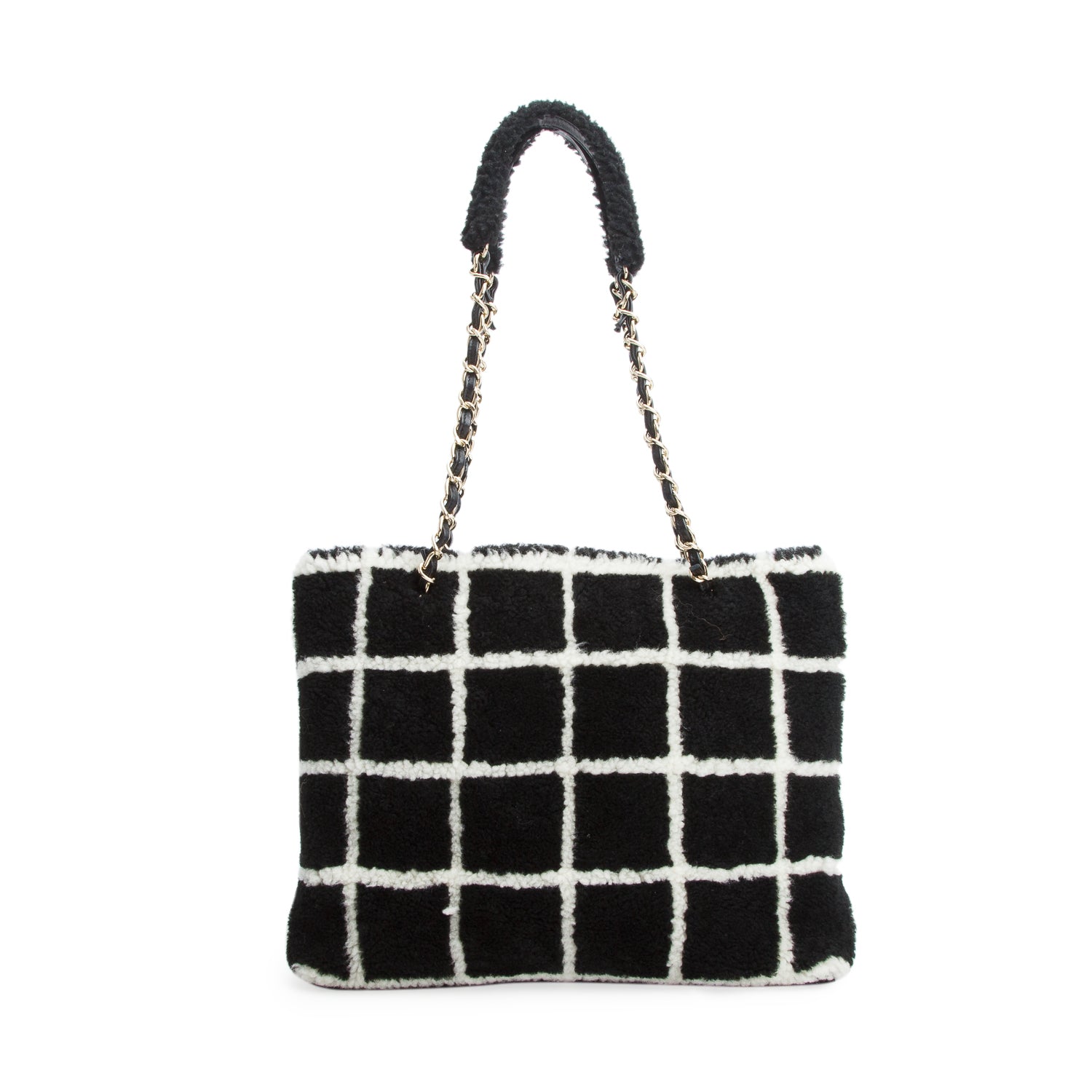 Chanel Black And White Grid Shearling CC Tote