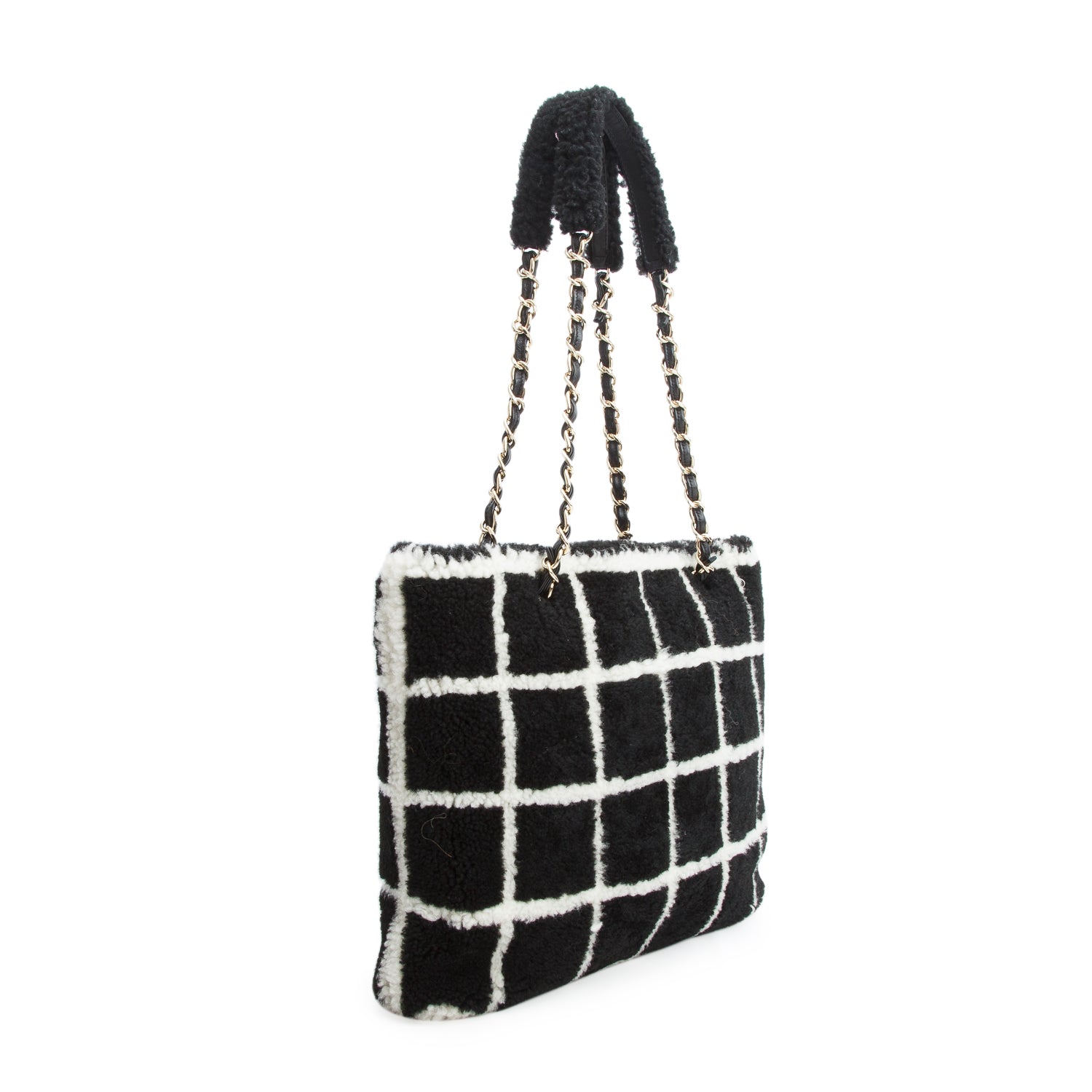 Chanel Black And White Grid Shearling CC Tote