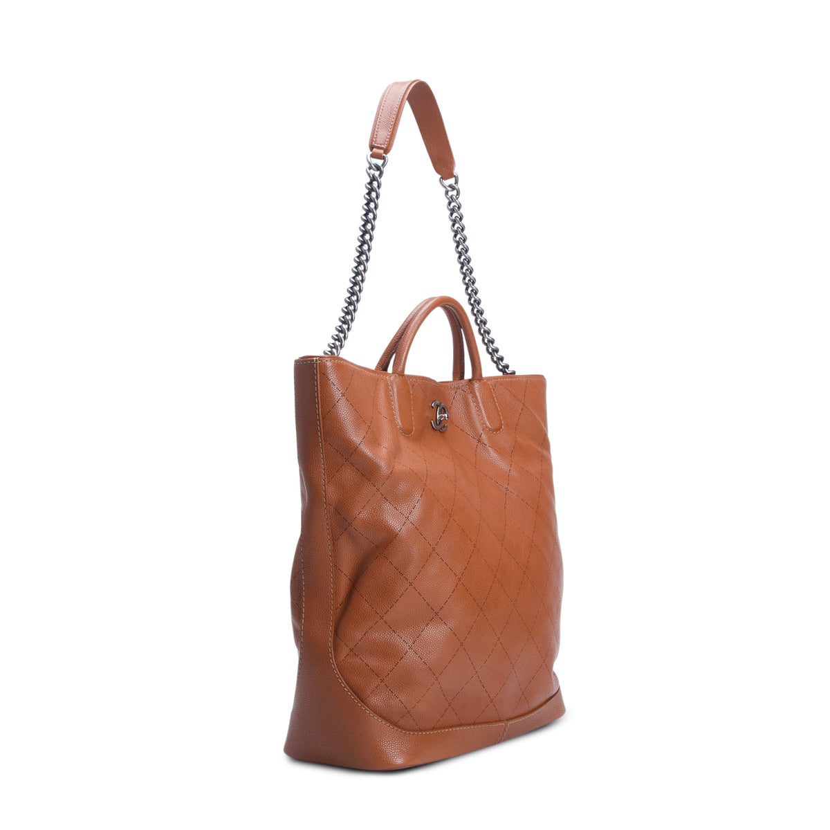 Chanel Brown Quilted Caviar Leather Large CC Top Handle Tote