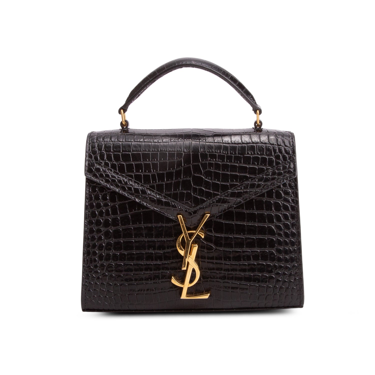 Saint Laurent Black Croc-Embossed Leather Cassandra Mini Top Handle Bag