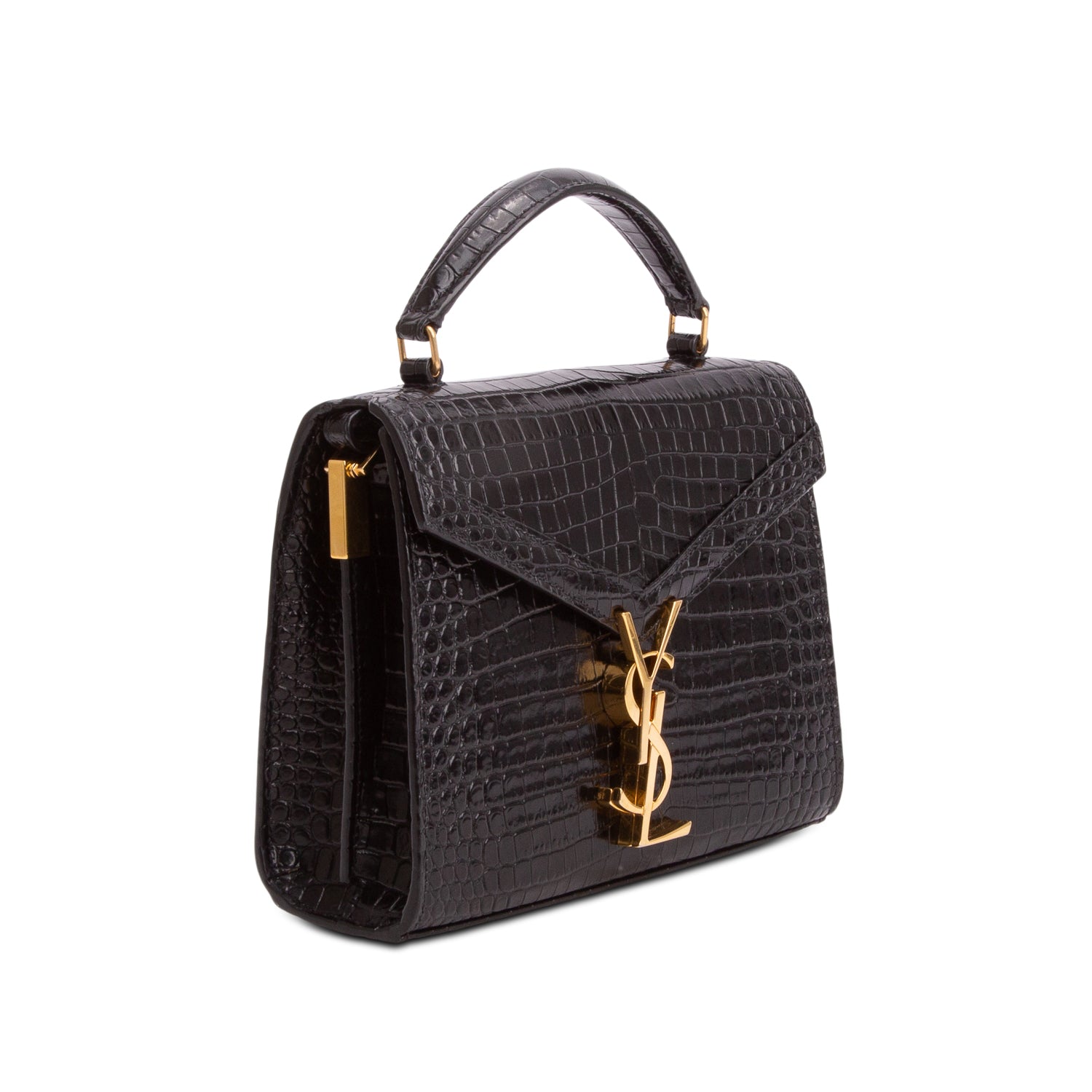Saint Laurent Black Croc-Embossed Leather Cassandra Mini Top Handle Bag