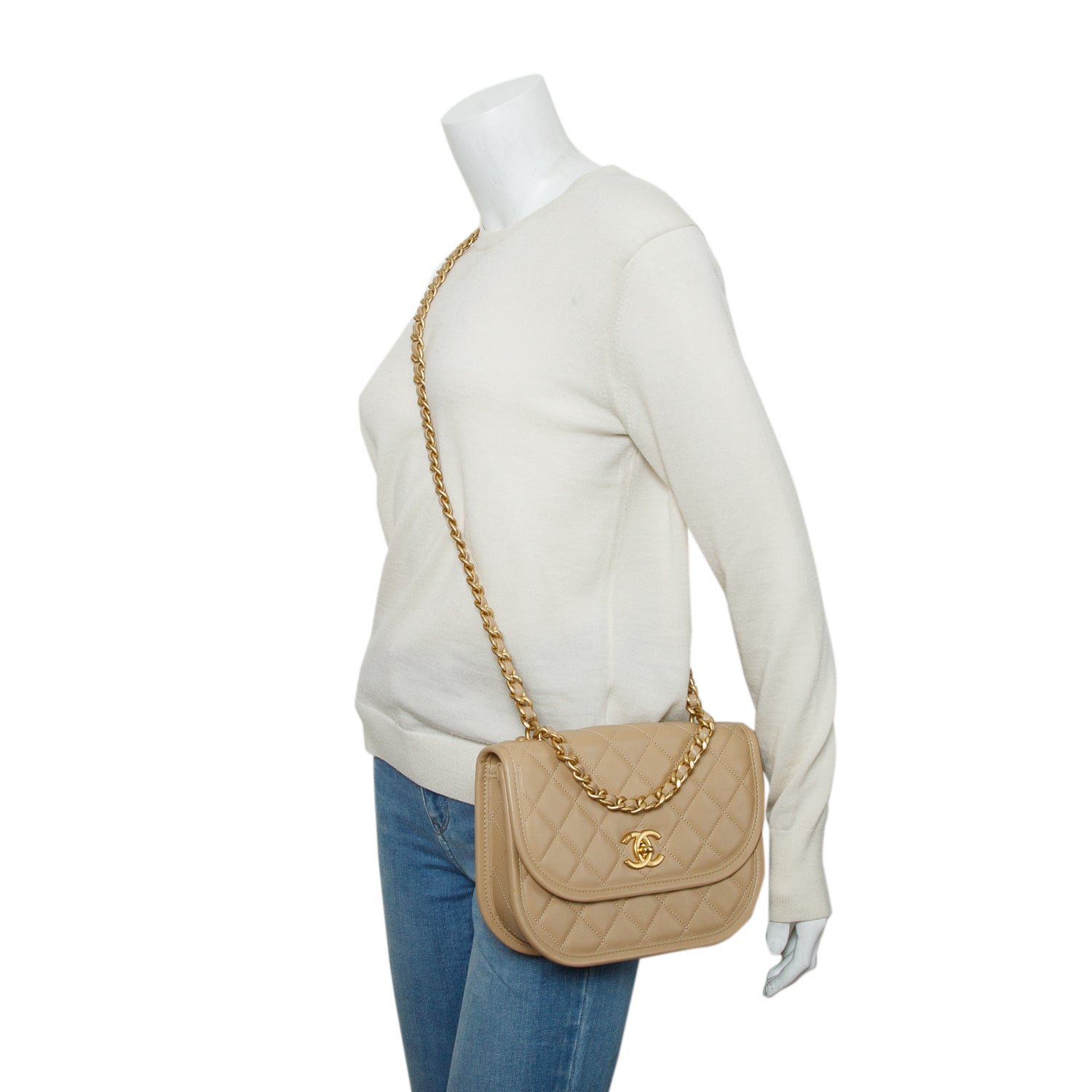 Chanel 2024 Beige Quilted Lambskin Leather Messenger Flap Bag