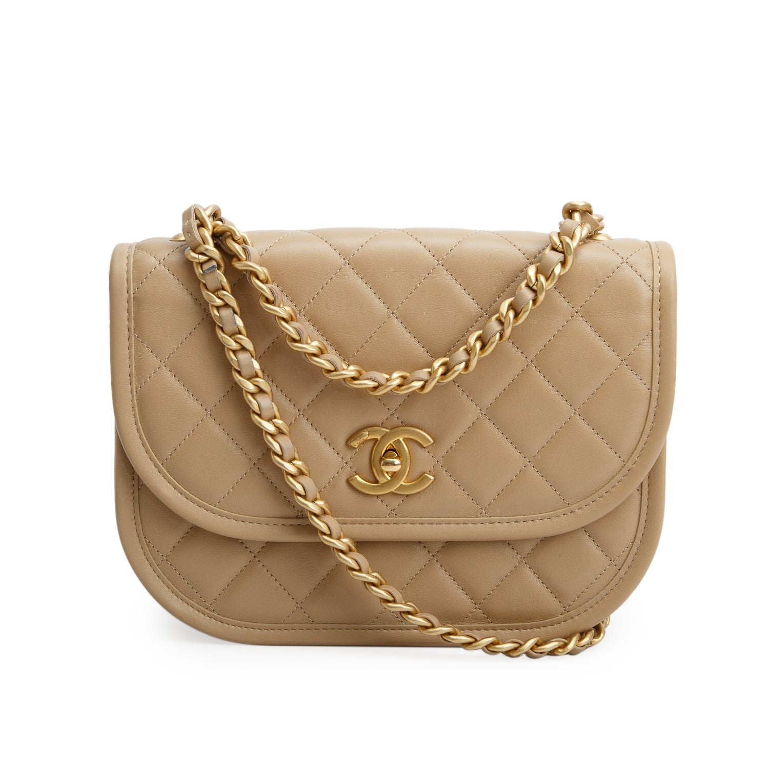 Chanel 2024 Beige Quilted Lambskin Leather Messenger Flap Bag