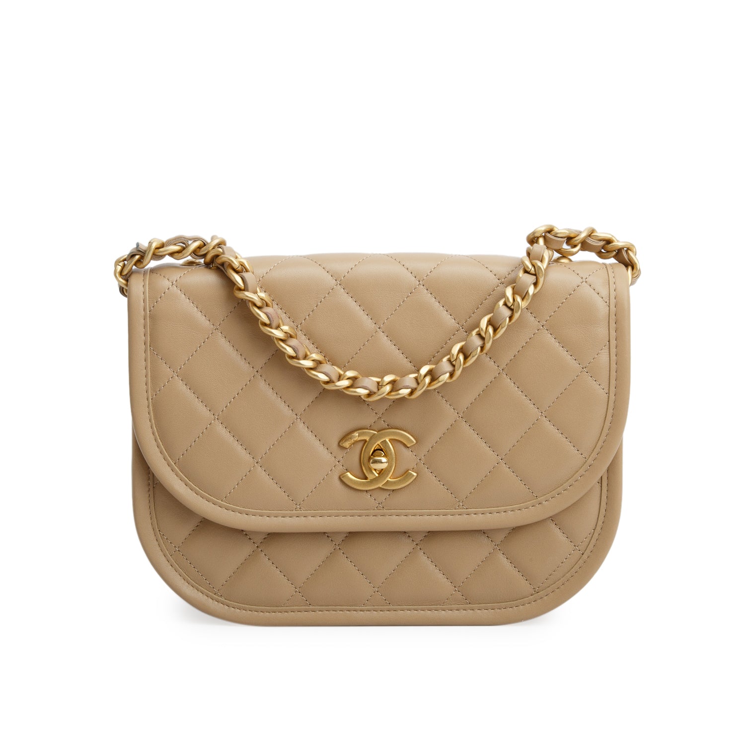 Chanel 2024 Beige Quilted Lambskin Leather Messenger Flap Bag