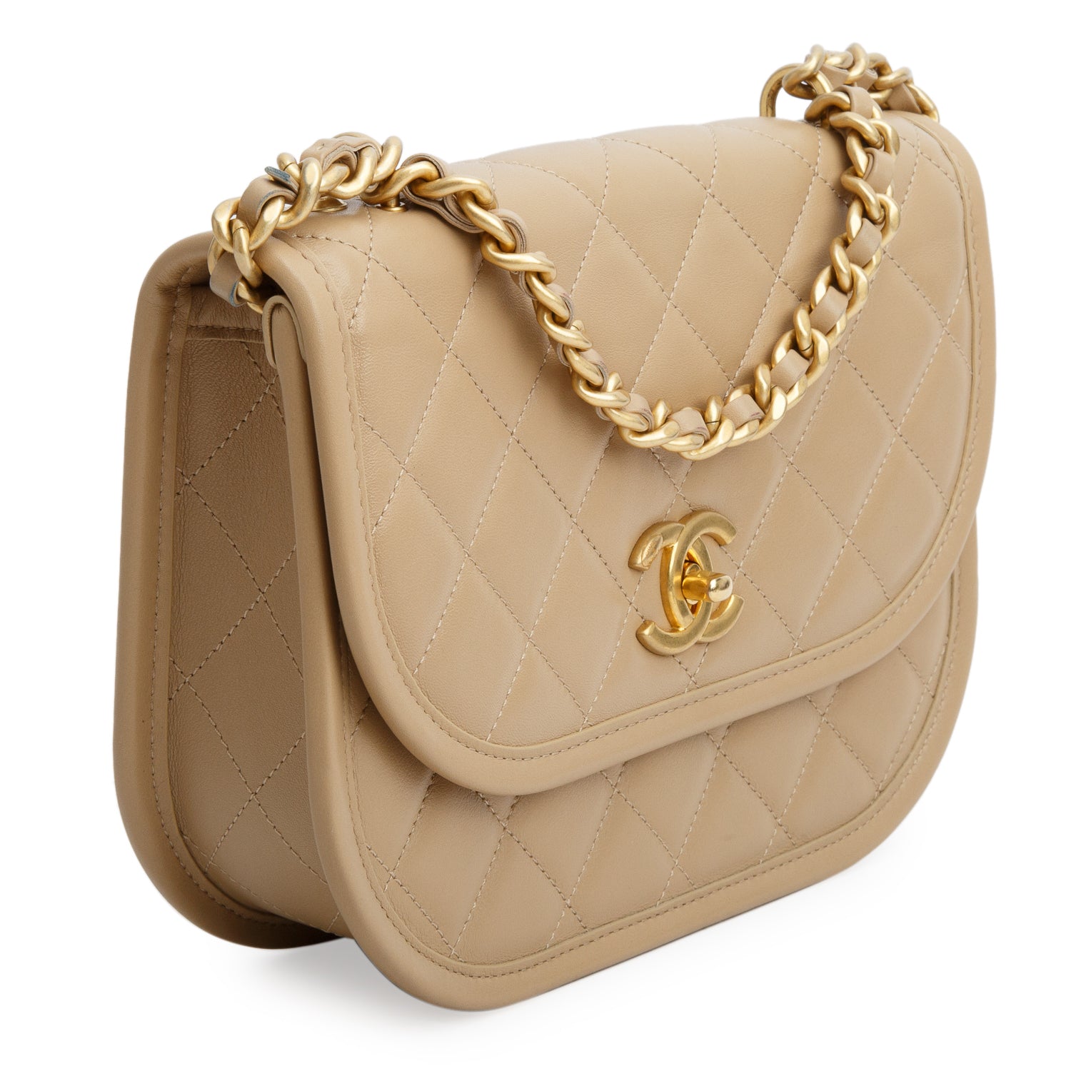 Chanel 2024 Beige Quilted Lambskin Leather Messenger Flap Bag