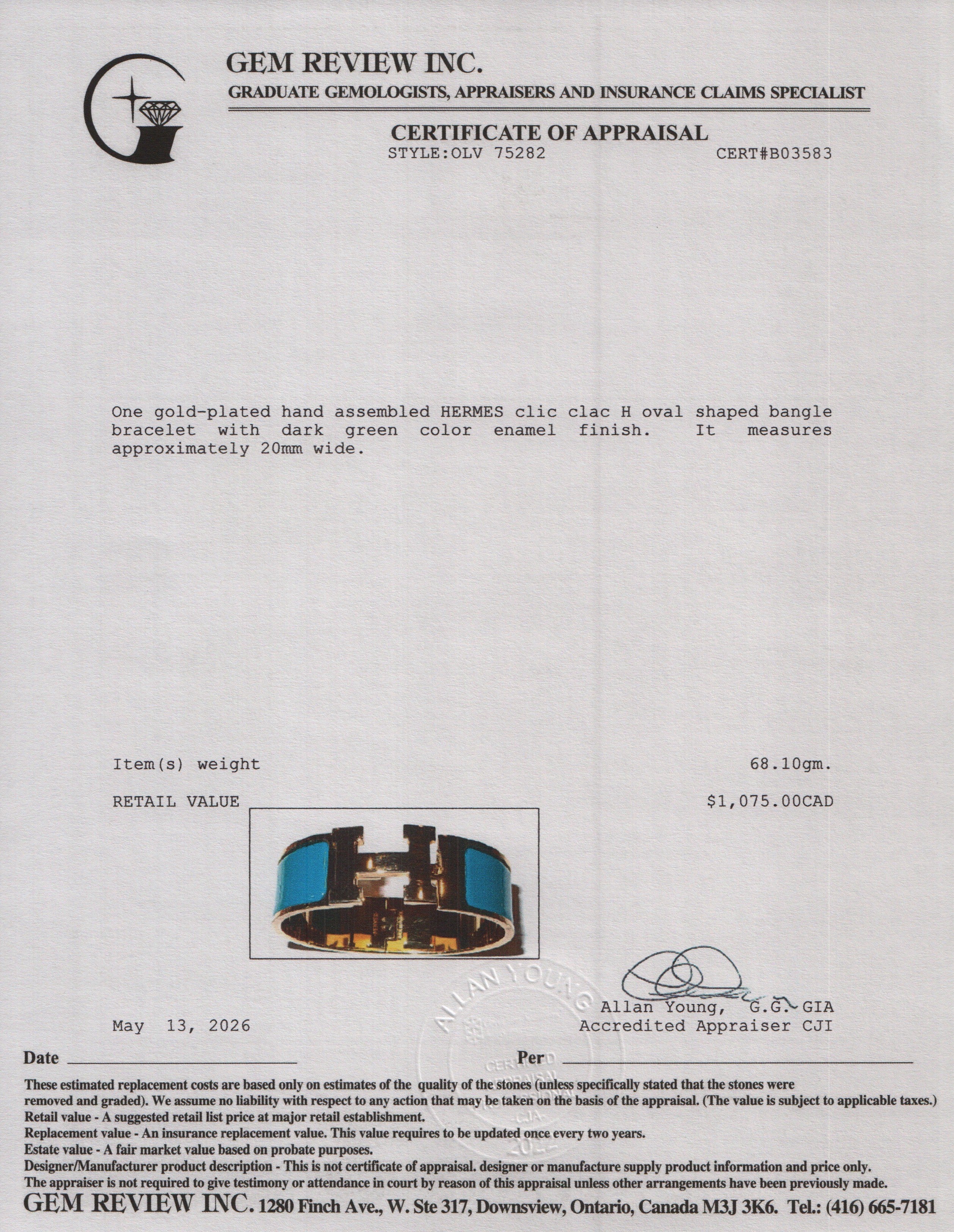 Hermes Gold Plated Green Enamel Clic Clac H Bracelet
