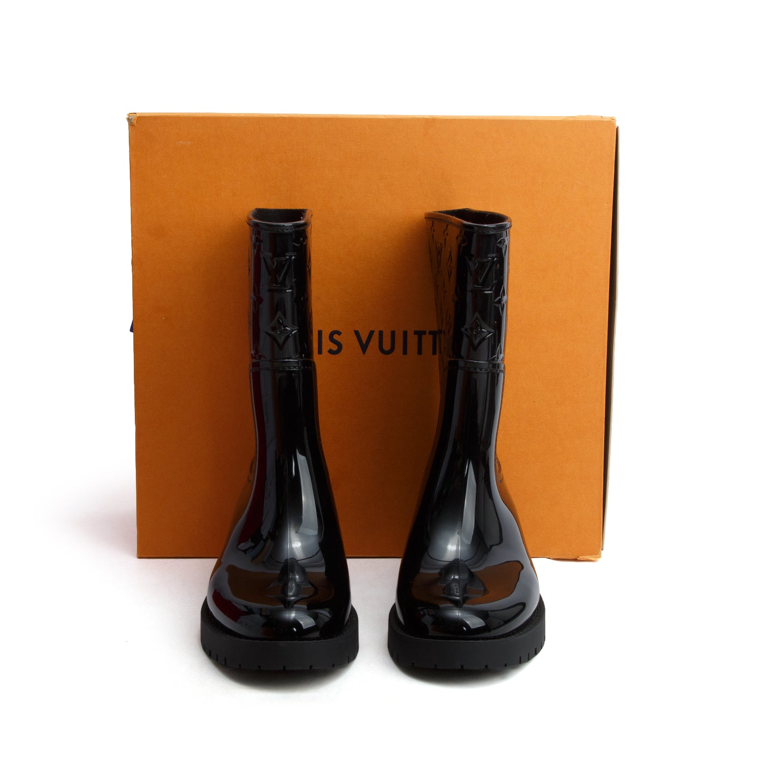 Louis Vuitton Black Monogram Rubber Rain Boots, Size 41 w/ Box