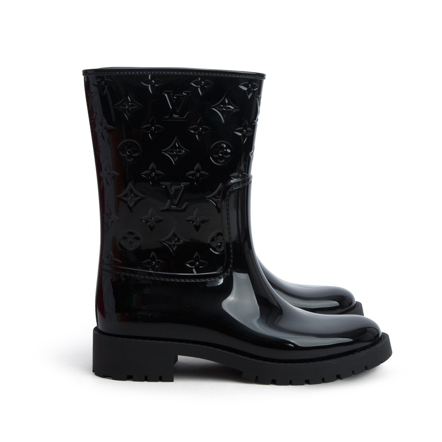 Louis Vuitton Black Monogram Rubber Rain Boots, Size 41 w/ Box