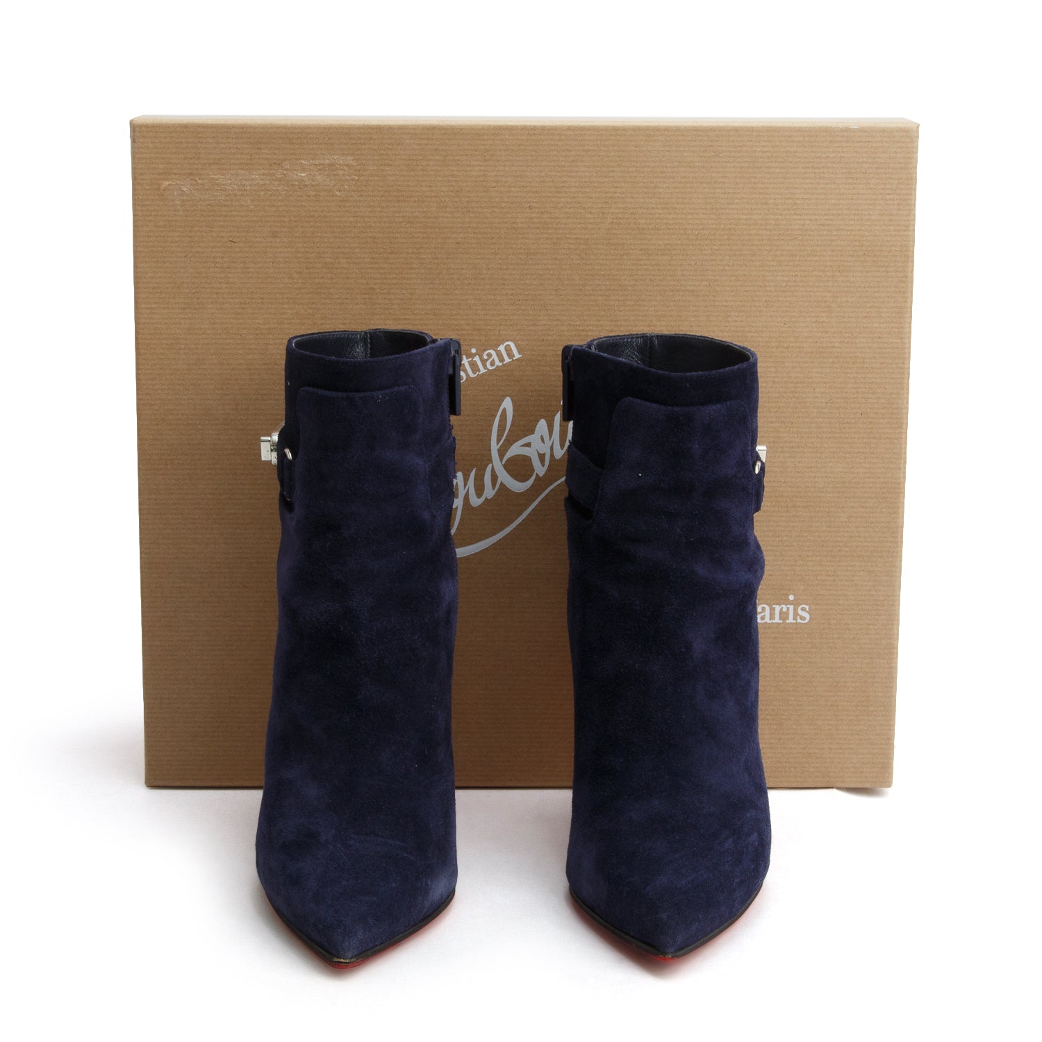 Christian Louboutin Navy Suede Lock So Kate 100 Boots, Size 36.5 w/ Box