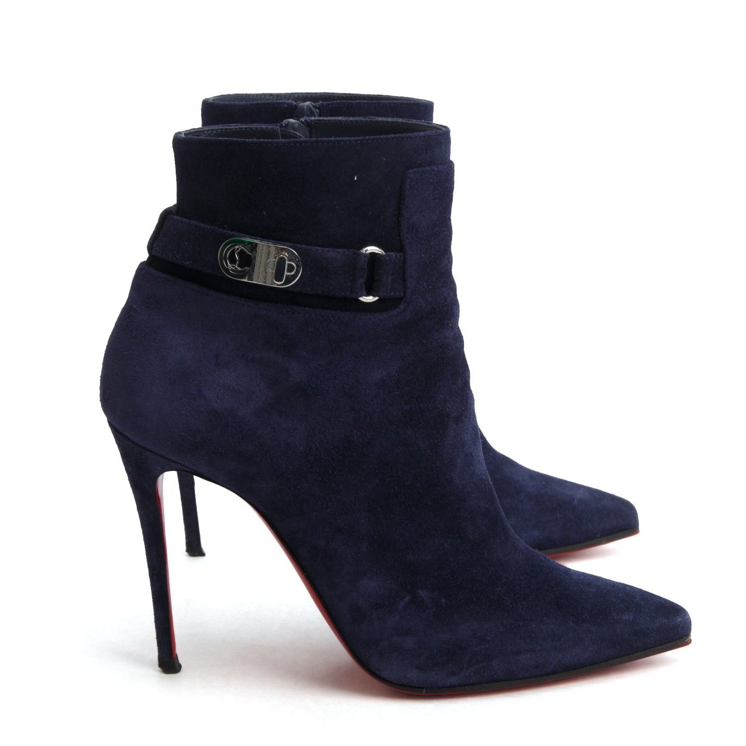 Christian Louboutin Navy Suede Lock So Kate 100 Boots, Size 36.5 w/ Box