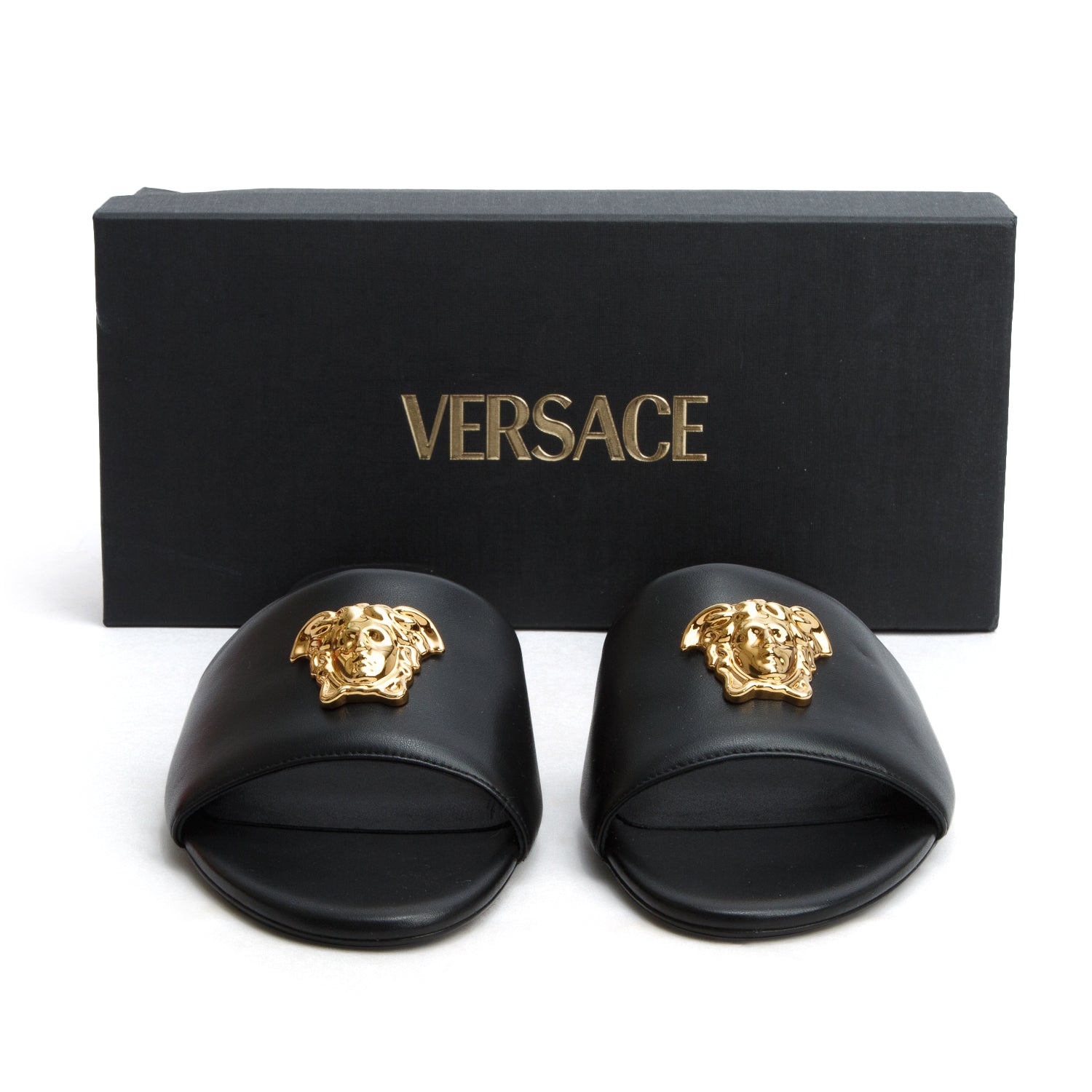 Versace Black Leather La Medusa Slide Sandals, Size 41 w/ Box