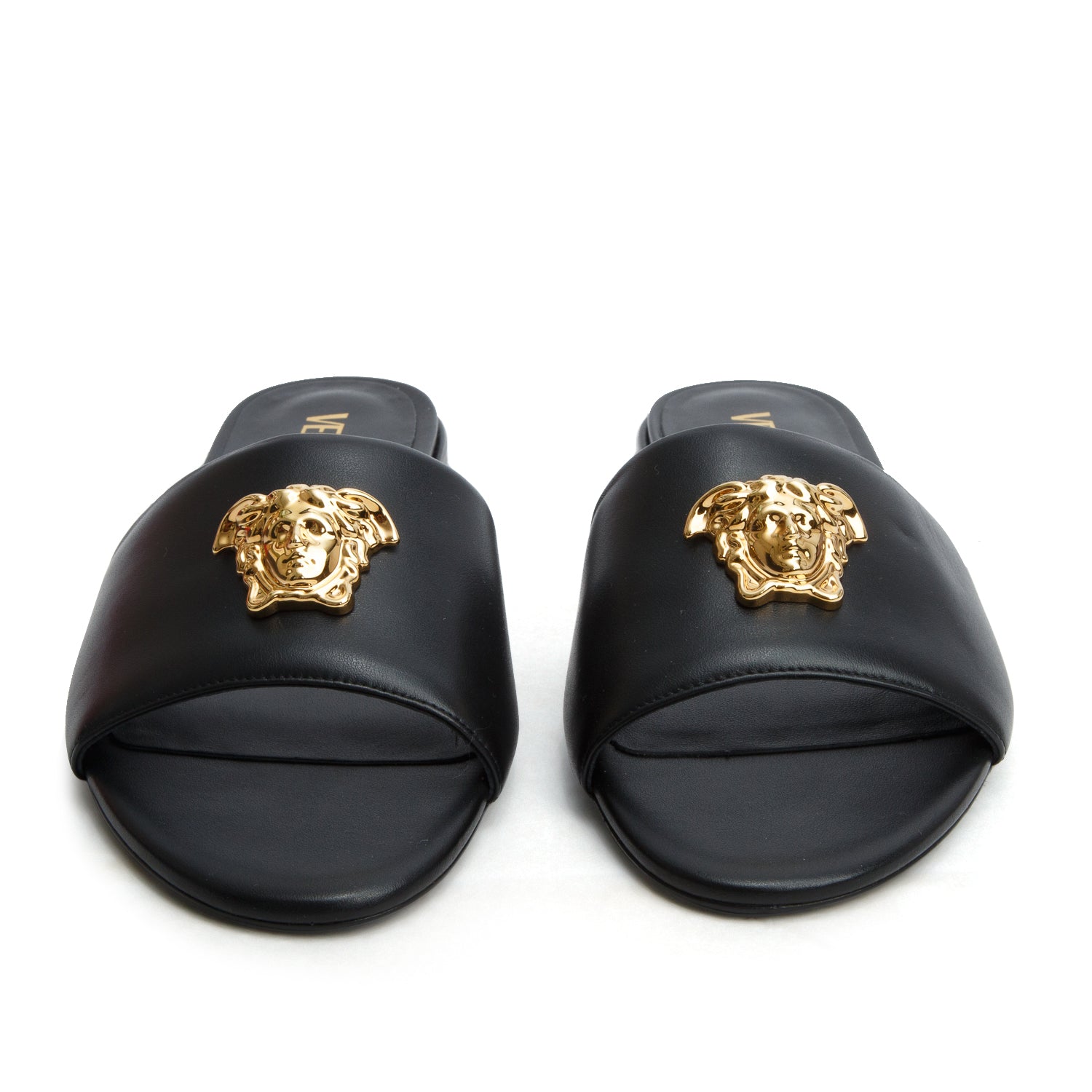 Versace Black Leather La Medusa Slide Sandals, Size 41 w/ Box