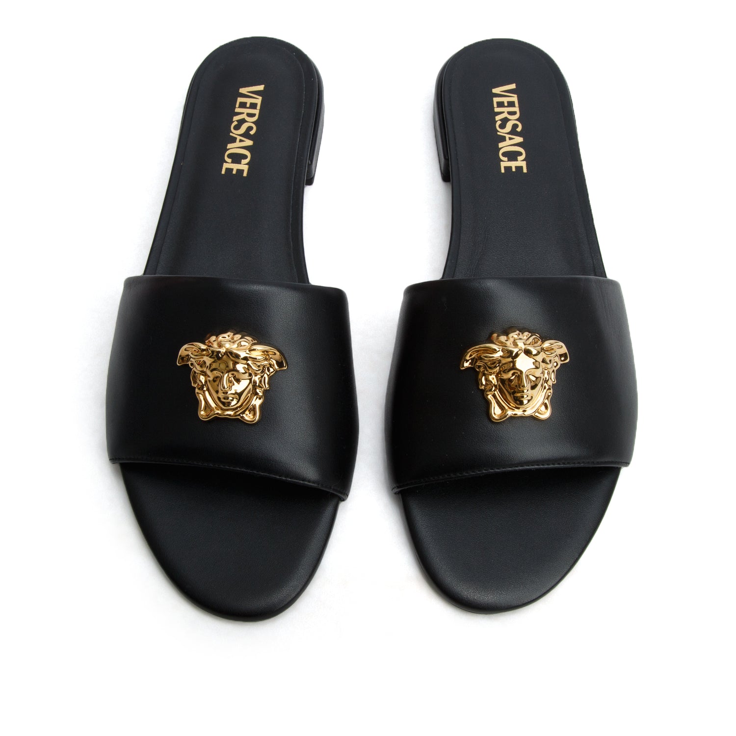 Versace Black Leather La Medusa Slide Sandals, Size 41 w/ Box