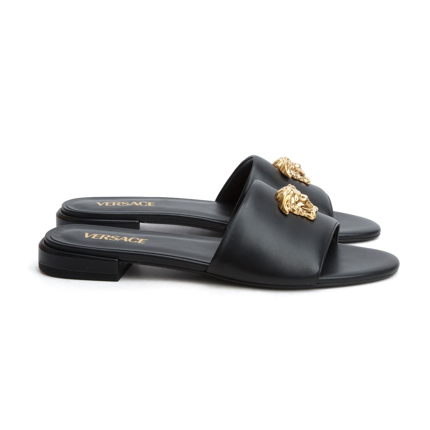 Versace Black Leather La Medusa Slide Sandals, Size 41 w/ Box
