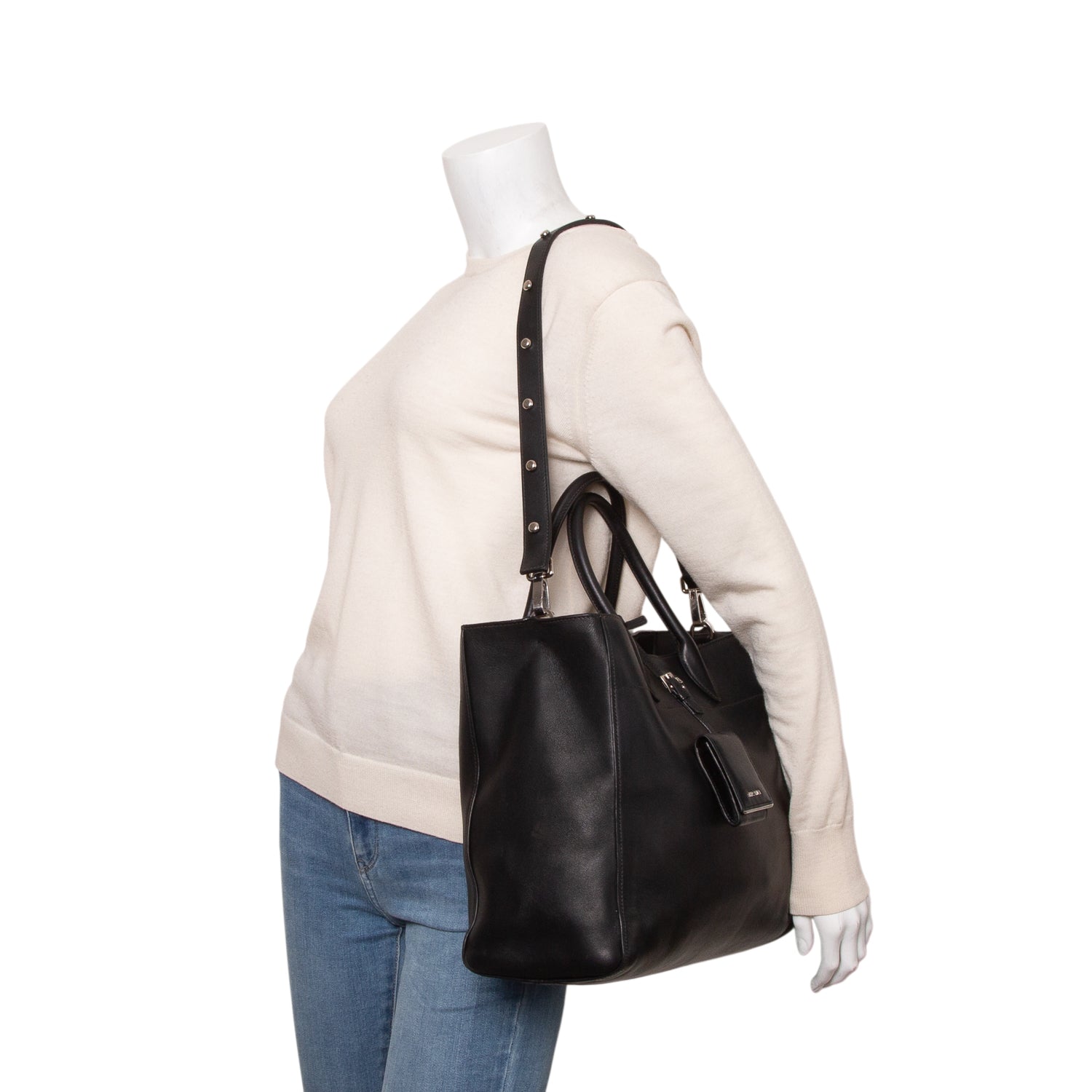 Prada Black Soft Calf Leather Medium City Tote w/ Strap
