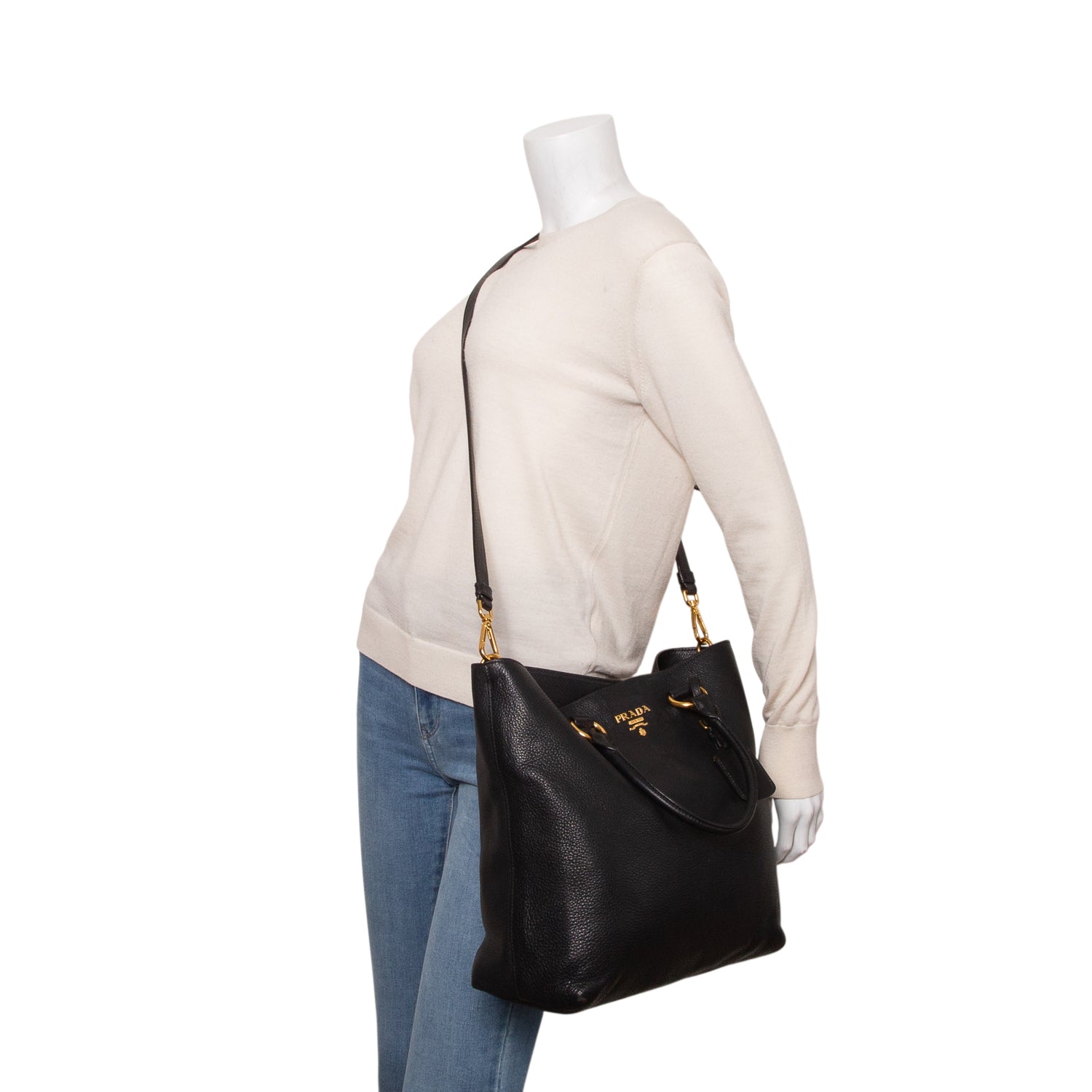 Prada Black Vitello Daino Convertible Tote w/ Strap
