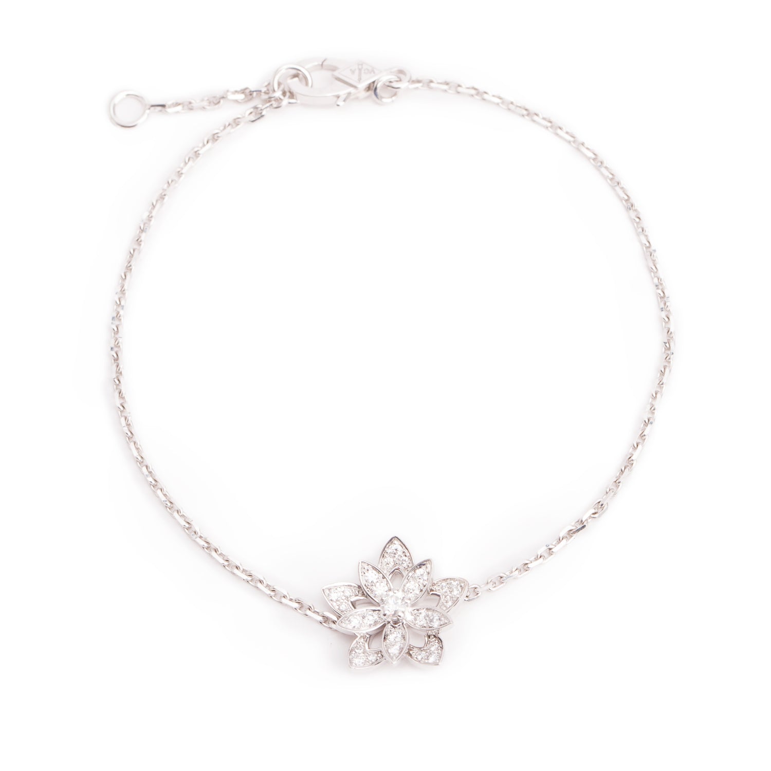 Van Cleef & Arpels 18k White Gold Diamond Lotus Openwork Bracelet, Mini Model w/ Box, Receipt & Certificate