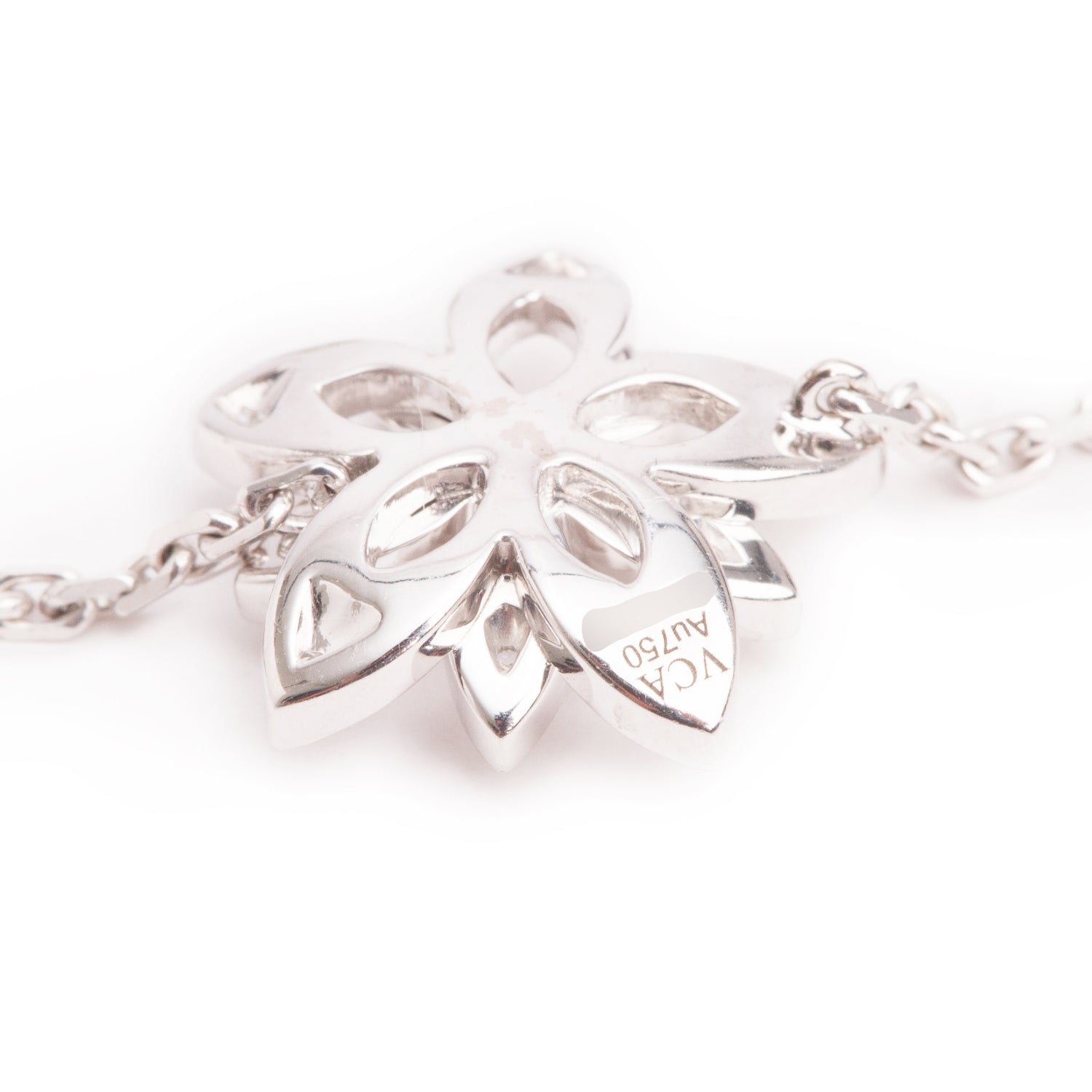 Van Cleef & Arpels 18k White Gold Diamond Lotus Openwork Bracelet, Mini Model w/ Box, Receipt & Certificate