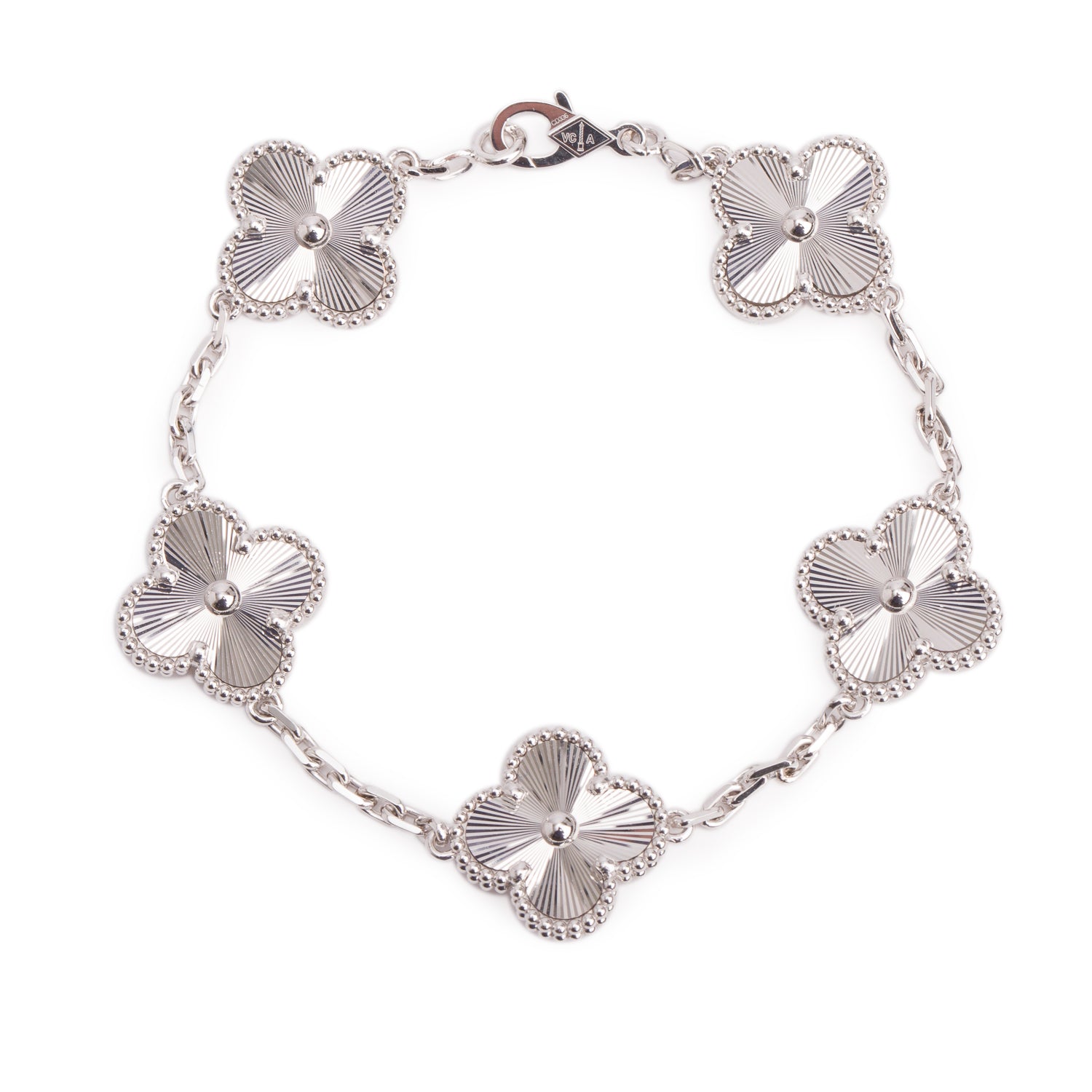 Van Cleef & Arpels 2026 18k White Gold Guilloche Vintage Alhambra 5 Motif Bracelet w/ Box & Certificate