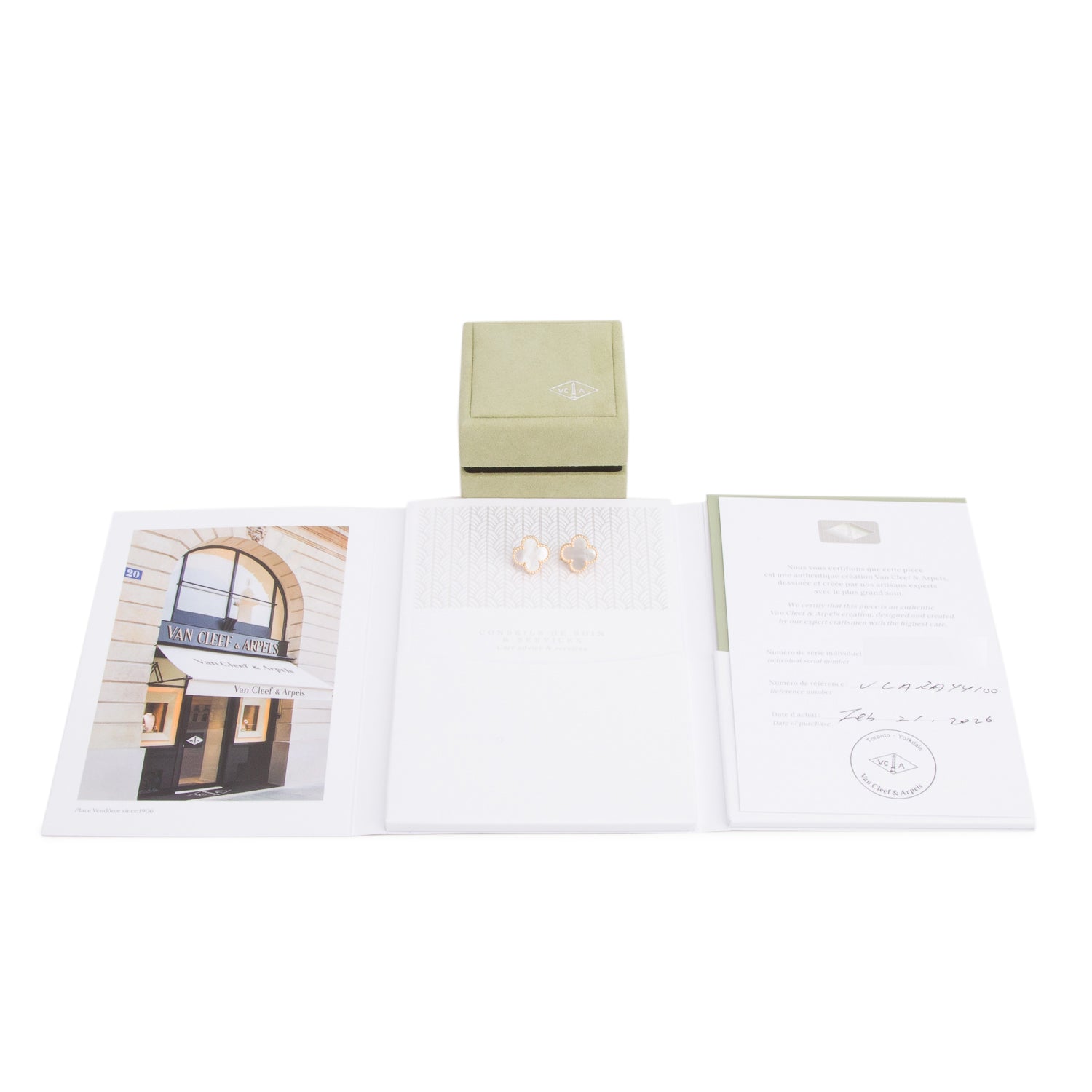 Van Cleef & Arpels 2026 18k Yellow Gold Vintage Alhambra Mother of Pearl Stud Earrings w/ Box & Certificate