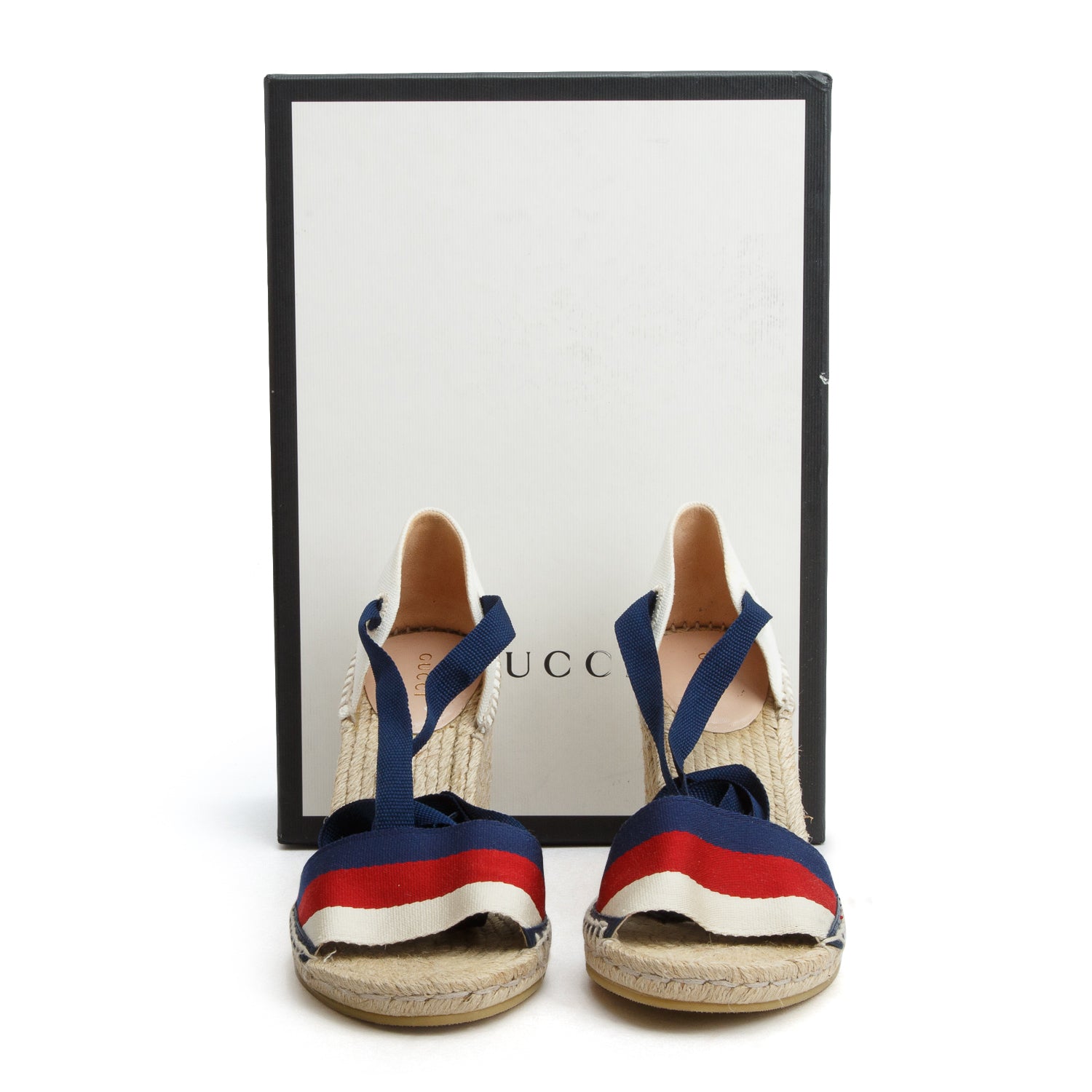 Gucci Canvas Malaga Kid Web Ankle Wrap Espadrille Wedge Sandals, Size 38.5 w/ Box
