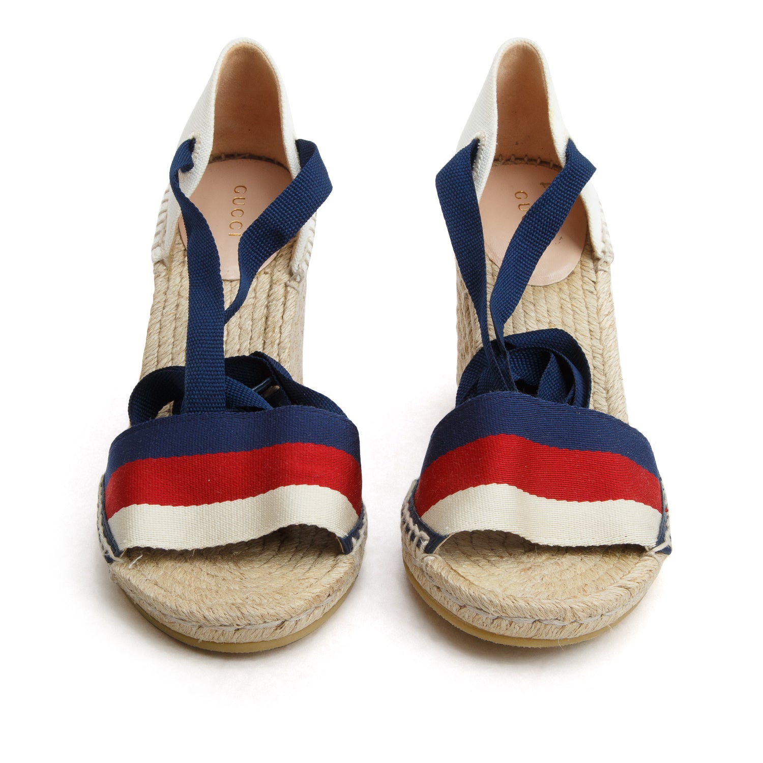 Gucci Canvas Malaga Kid Web Ankle Wrap Espadrille Wedge Sandals, Size 38.5 w/ Box