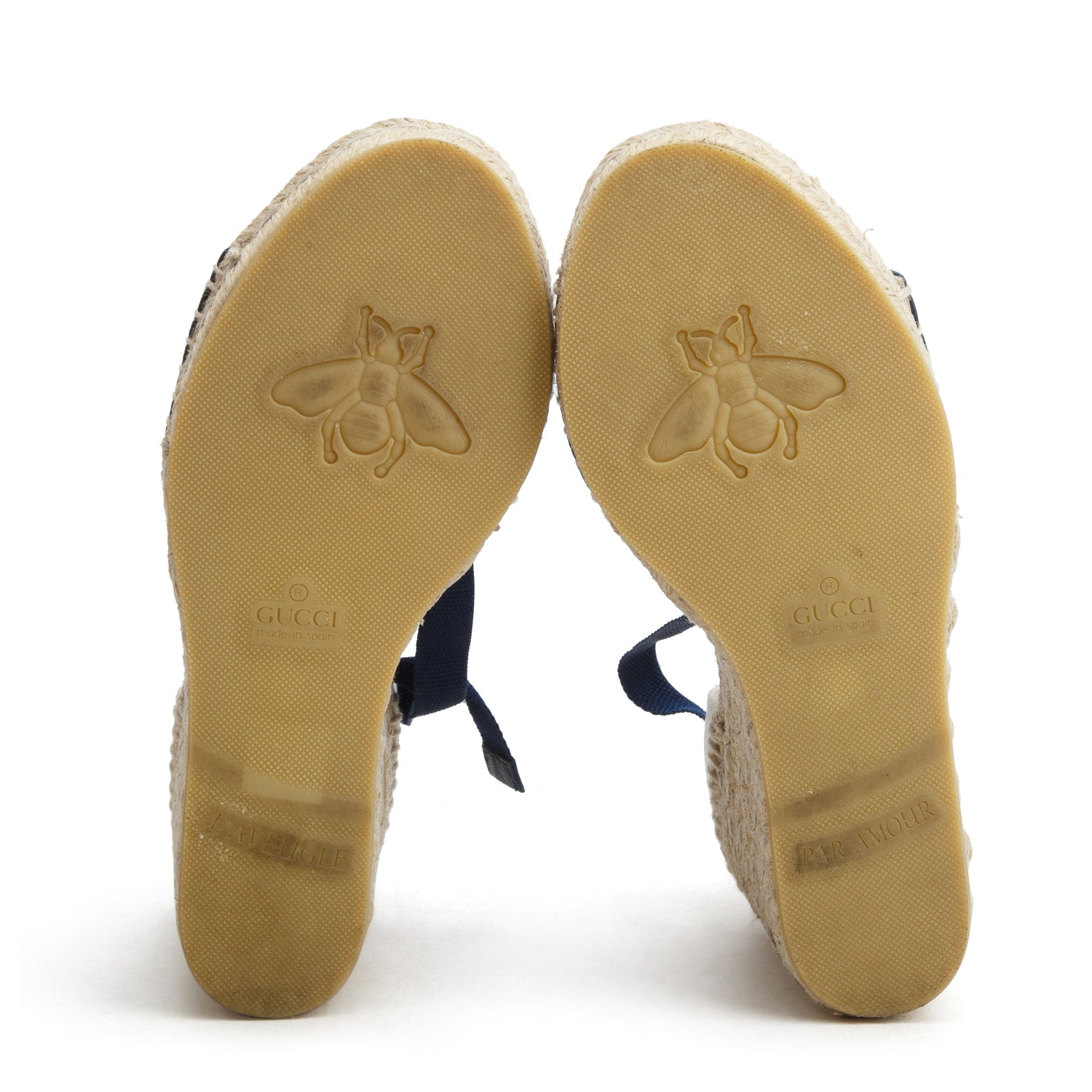 Gucci Canvas Malaga Kid Web Ankle Wrap Espadrille Wedge Sandals, Size 38.5 w/ Box