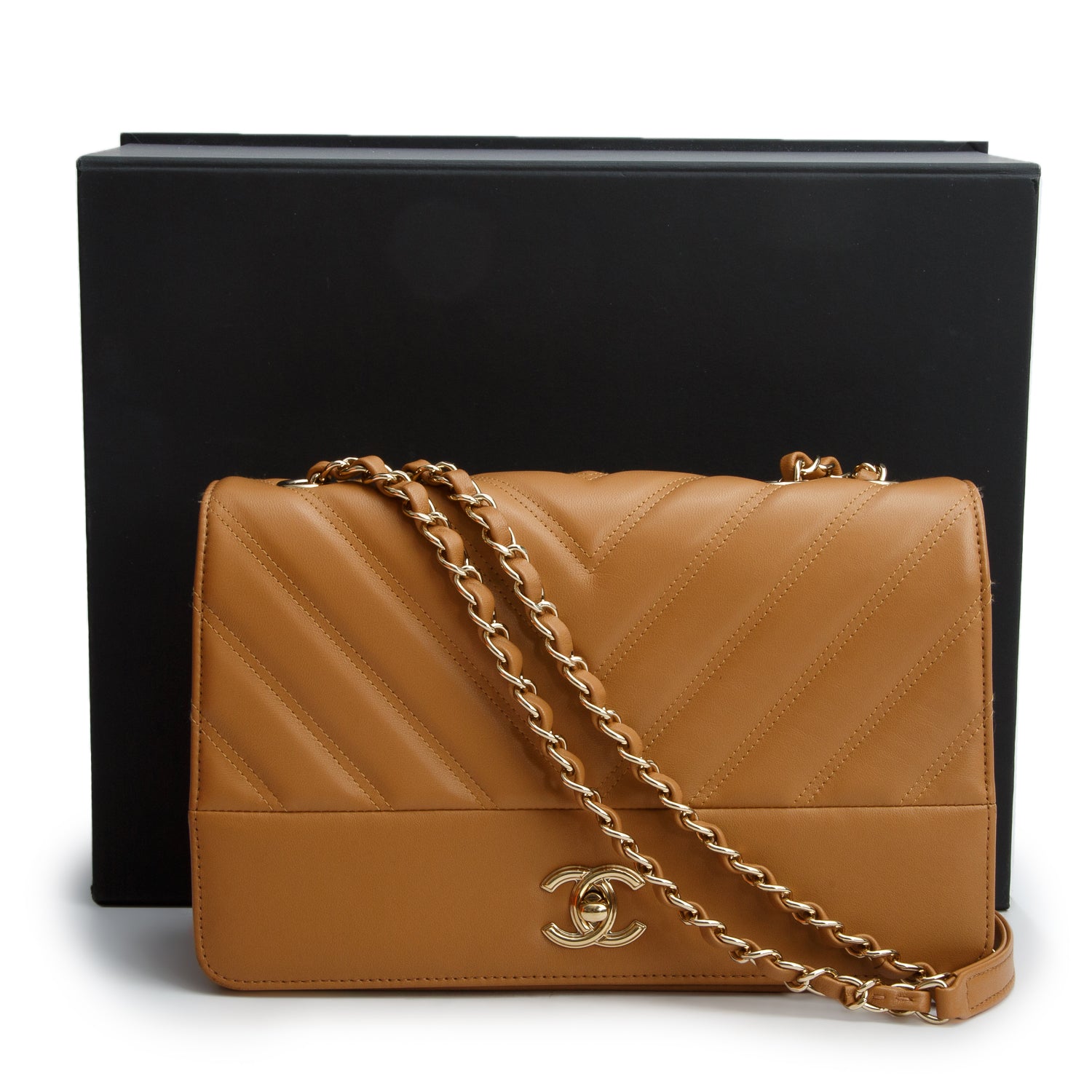Chanel Tan Double Stitch Chevron Lambskin Leather Medium Flap Bag w/ Box & Authenticity Card