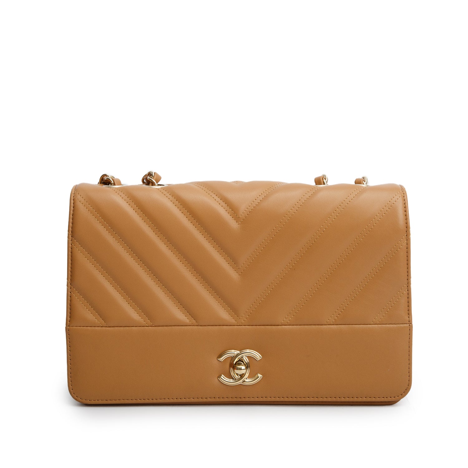 Chanel Tan Double Stitch Chevron Lambskin Leather Medium Flap Bag w/ Box & Authenticity Card