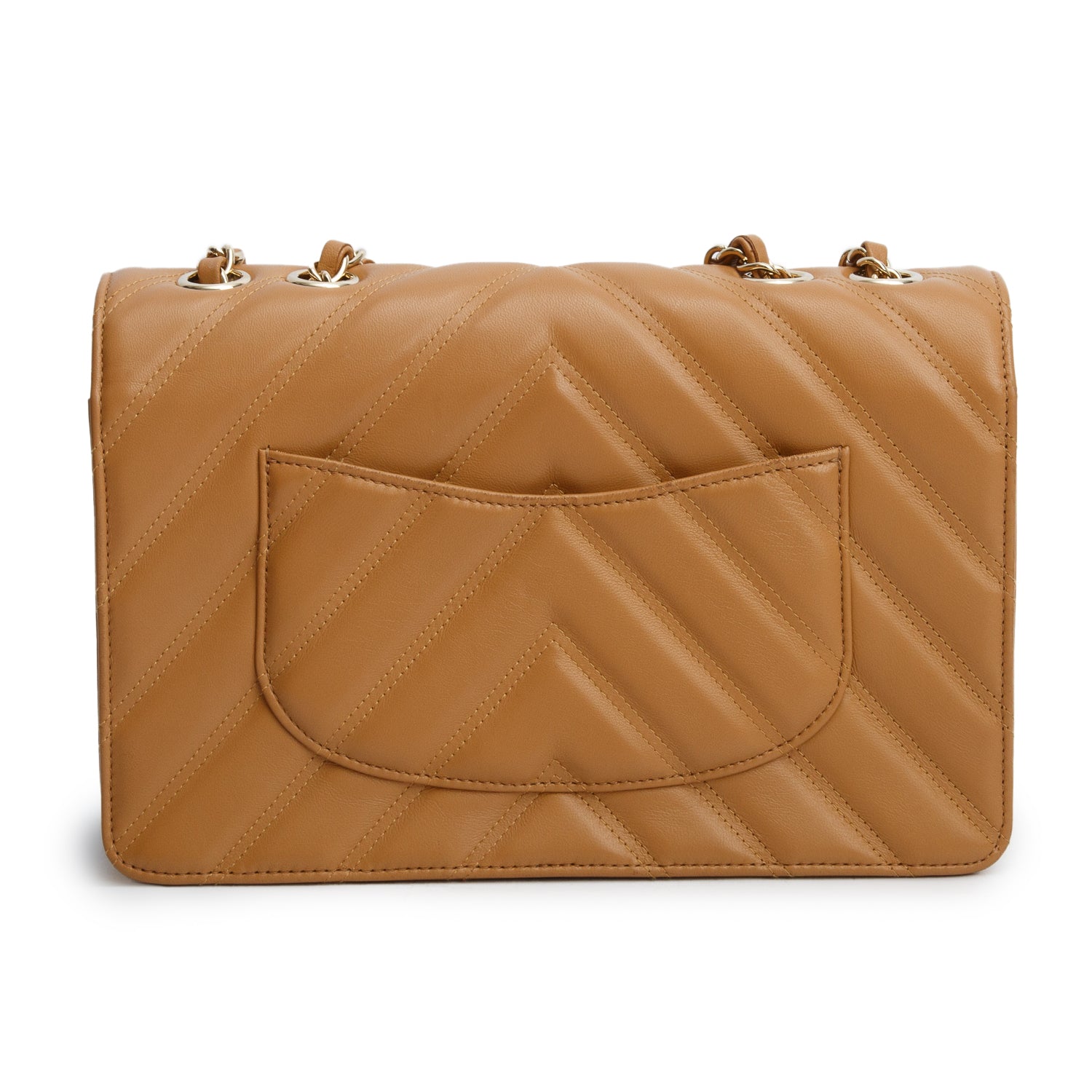 Chanel Tan Double Stitch Chevron Lambskin Leather Medium Flap Bag w/ Box & Authenticity Card