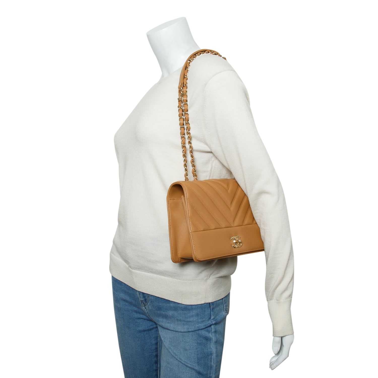 Chanel Tan Double Stitch Chevron Lambskin Leather Medium Flap Bag w/ Box & Authenticity Card