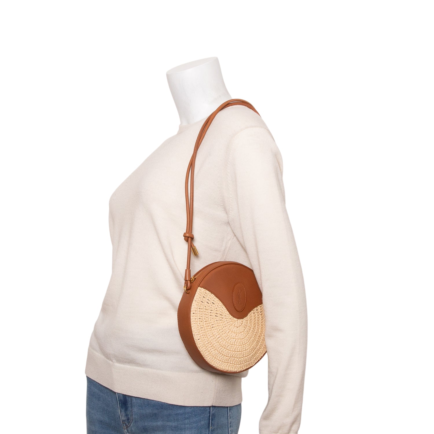 Saint Laurent 2022 Tan Raffia Mix Leather Round Camera Bag