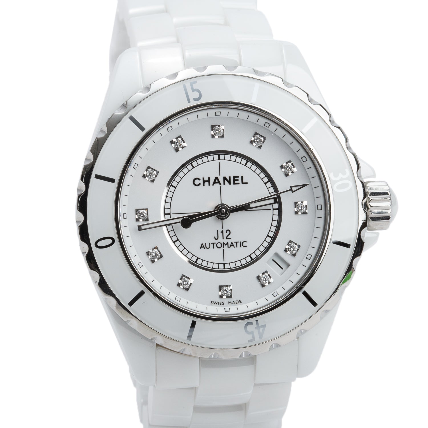 Chanel Stainless Steel & White Ceramic J12 39 MM Automatic Watch White Diamond Dial w/ Box & Papers