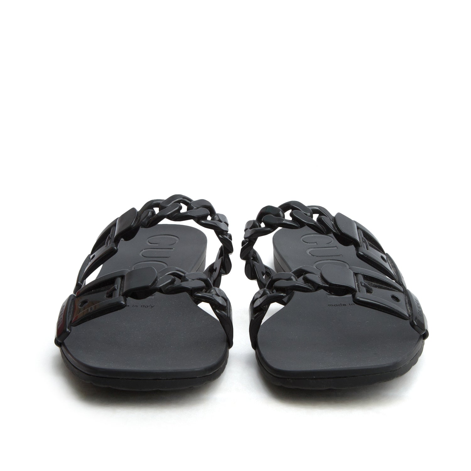 Gucci Black Rubber Chain-Accent Slides, Size 39 w/ Box
