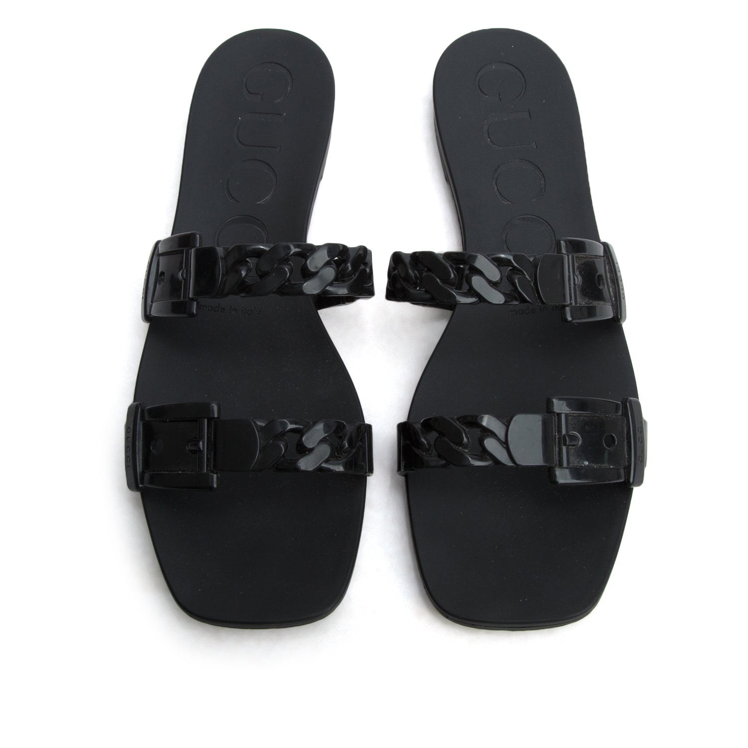 Gucci Black Rubber Chain-Accent Slides, Size 39 w/ Box