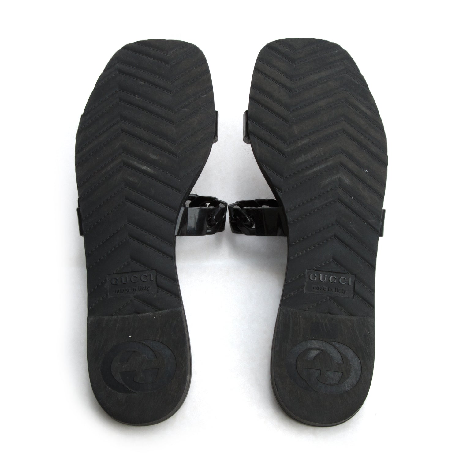 Gucci Black Rubber Chain-Accent Slides, Size 39 w/ Box