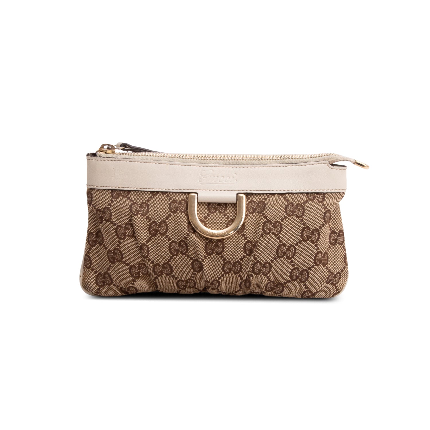 Gucci GG Canvas White Leather Trim D-Ring Abbey Pochette Wrislet