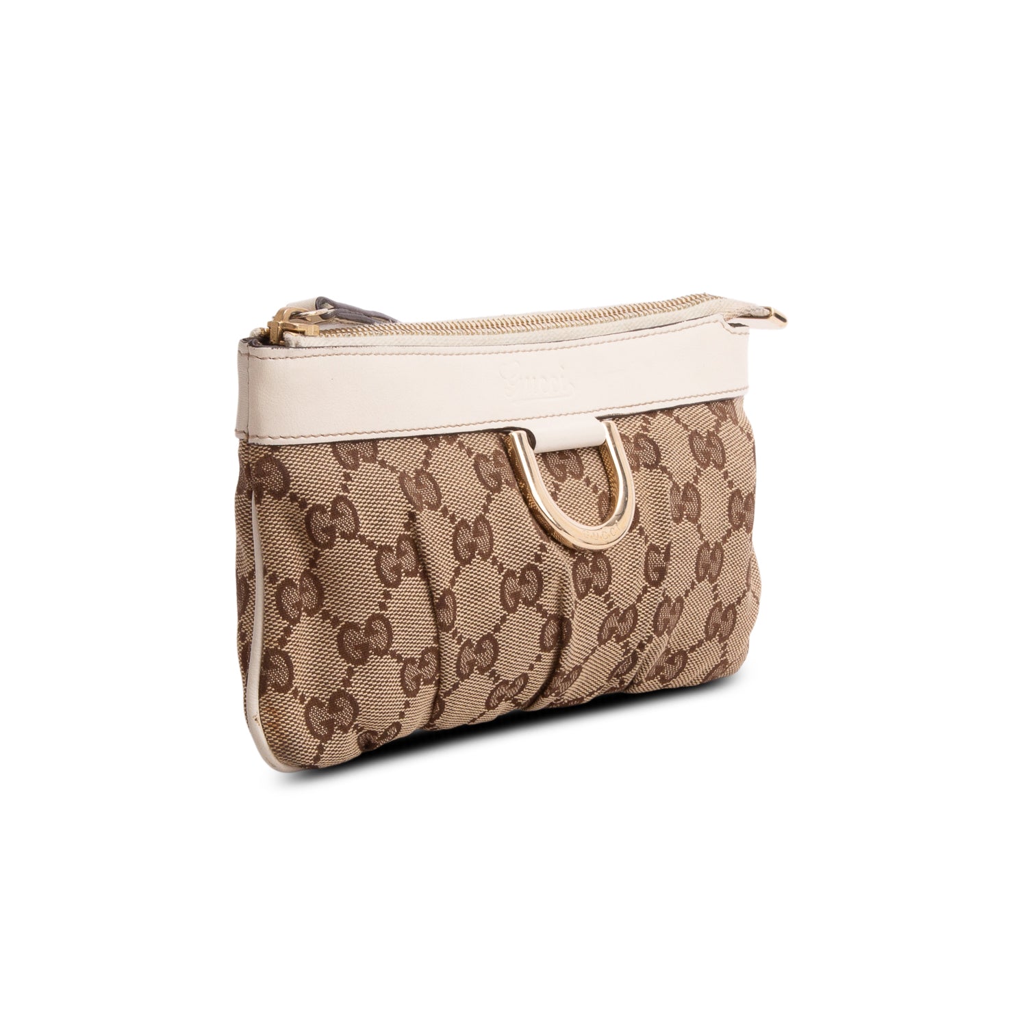 Gucci GG Canvas White Leather Trim D-Ring Abbey Pochette Wrislet