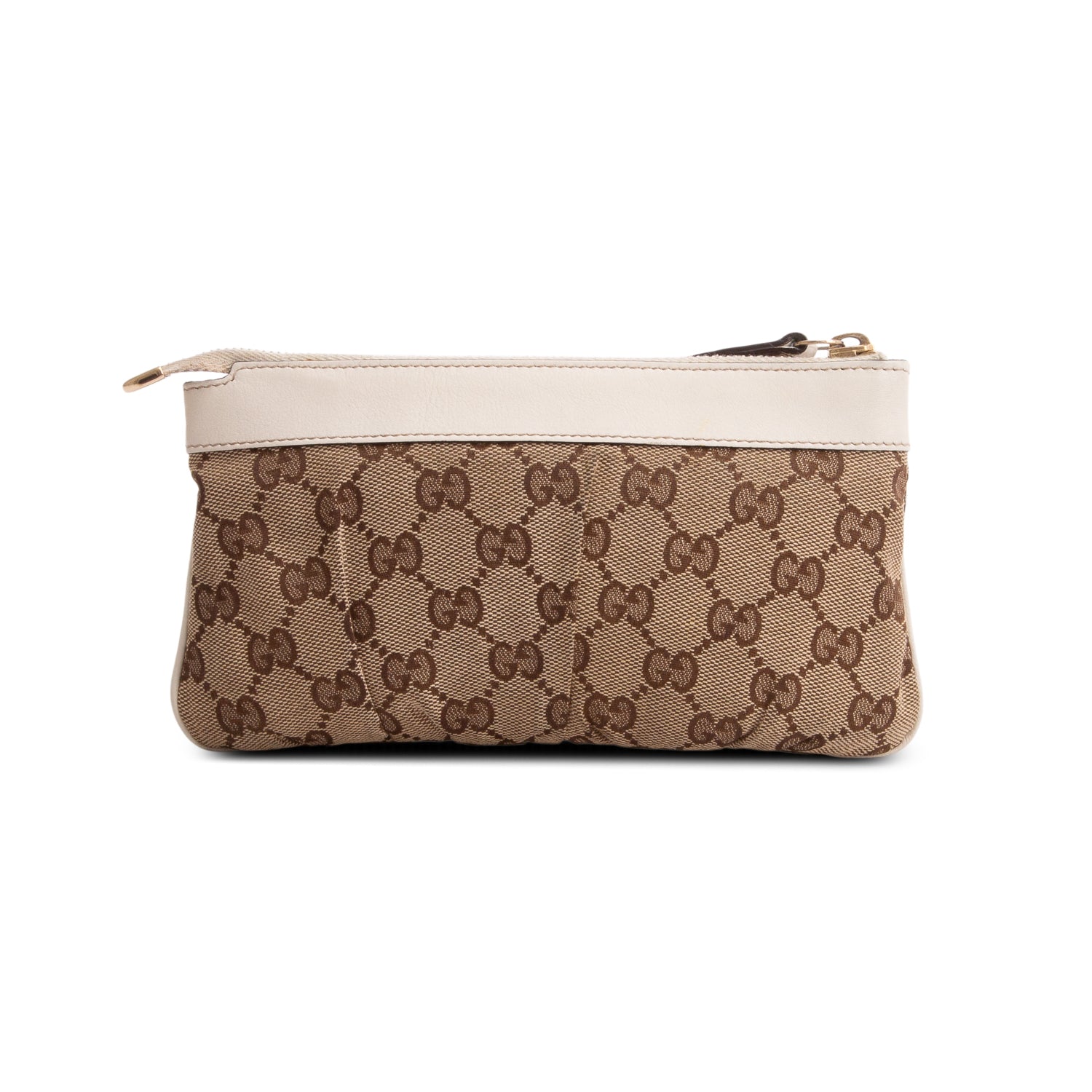 Gucci GG Canvas White Leather Trim D-Ring Abbey Pochette Wrislet