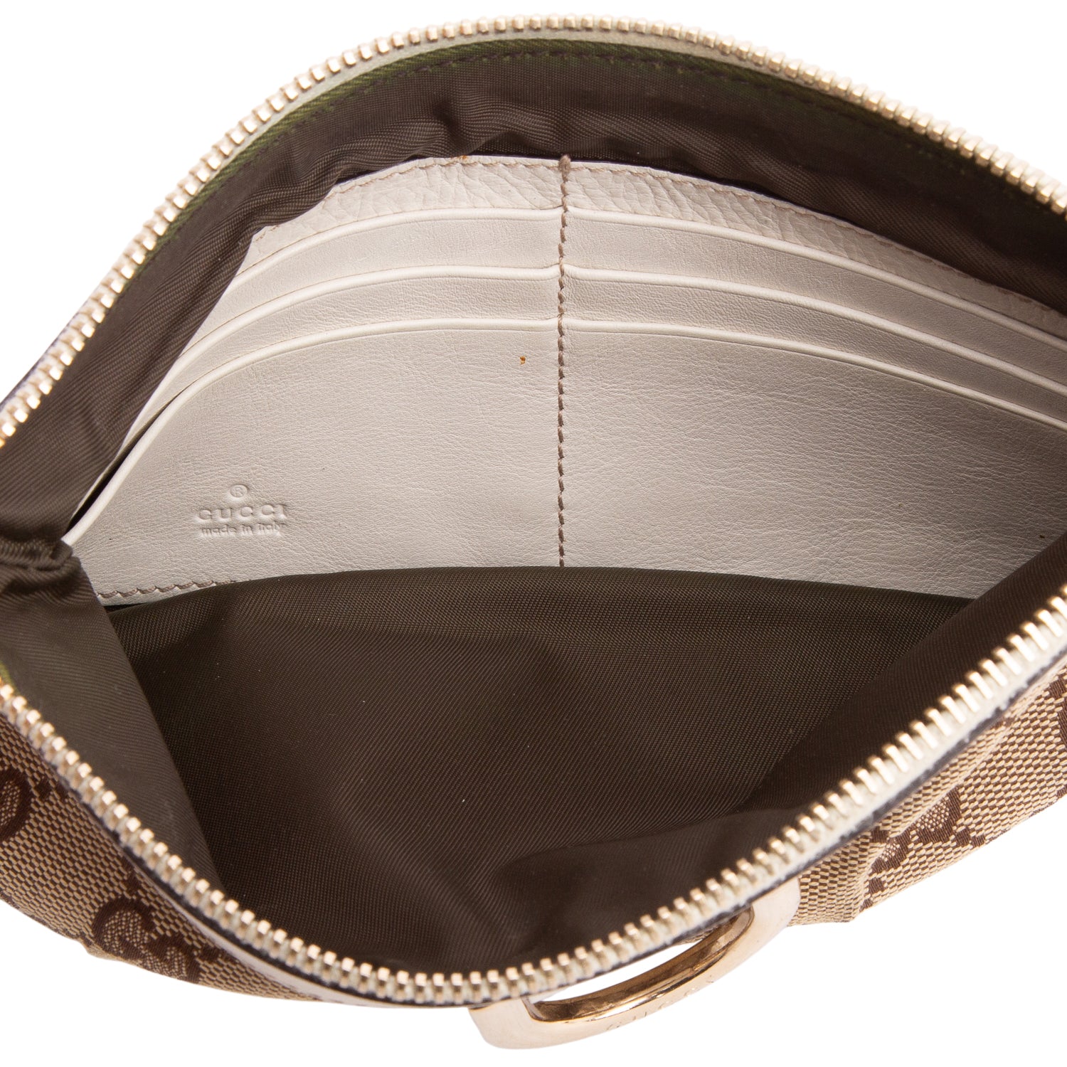 Gucci GG Canvas White Leather Trim D-Ring Abbey Pochette Wrislet
