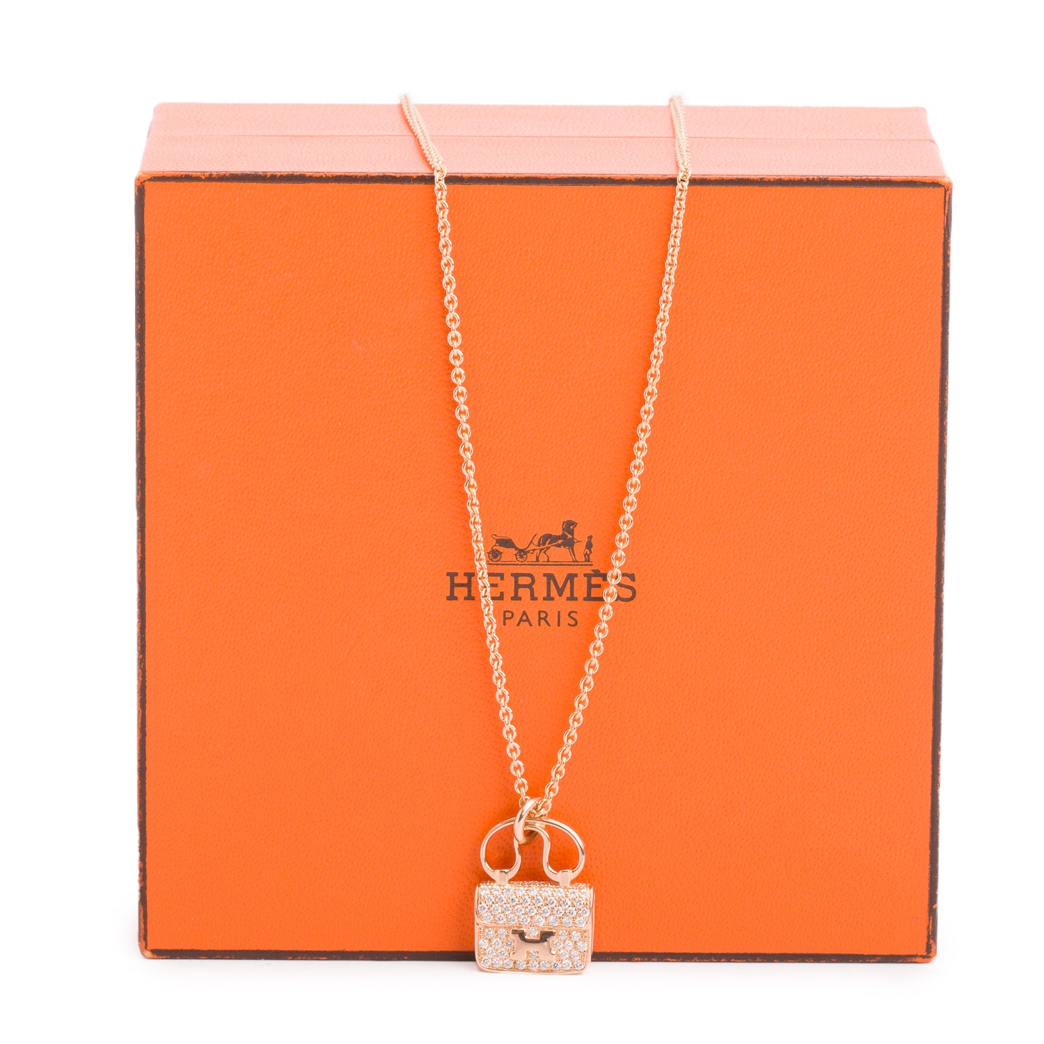Hermes 18k Rose Gold Pave Diamond Amulettes Constance Pendant Necklace w/ Box